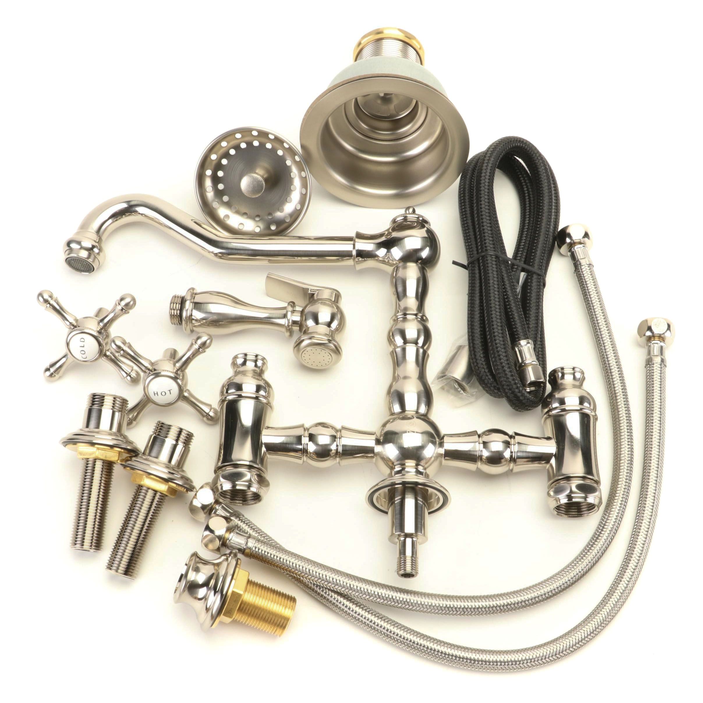 Brushed Nickel Deck Mount Bridge Faucet with Handspray and Deep Strainer Basket