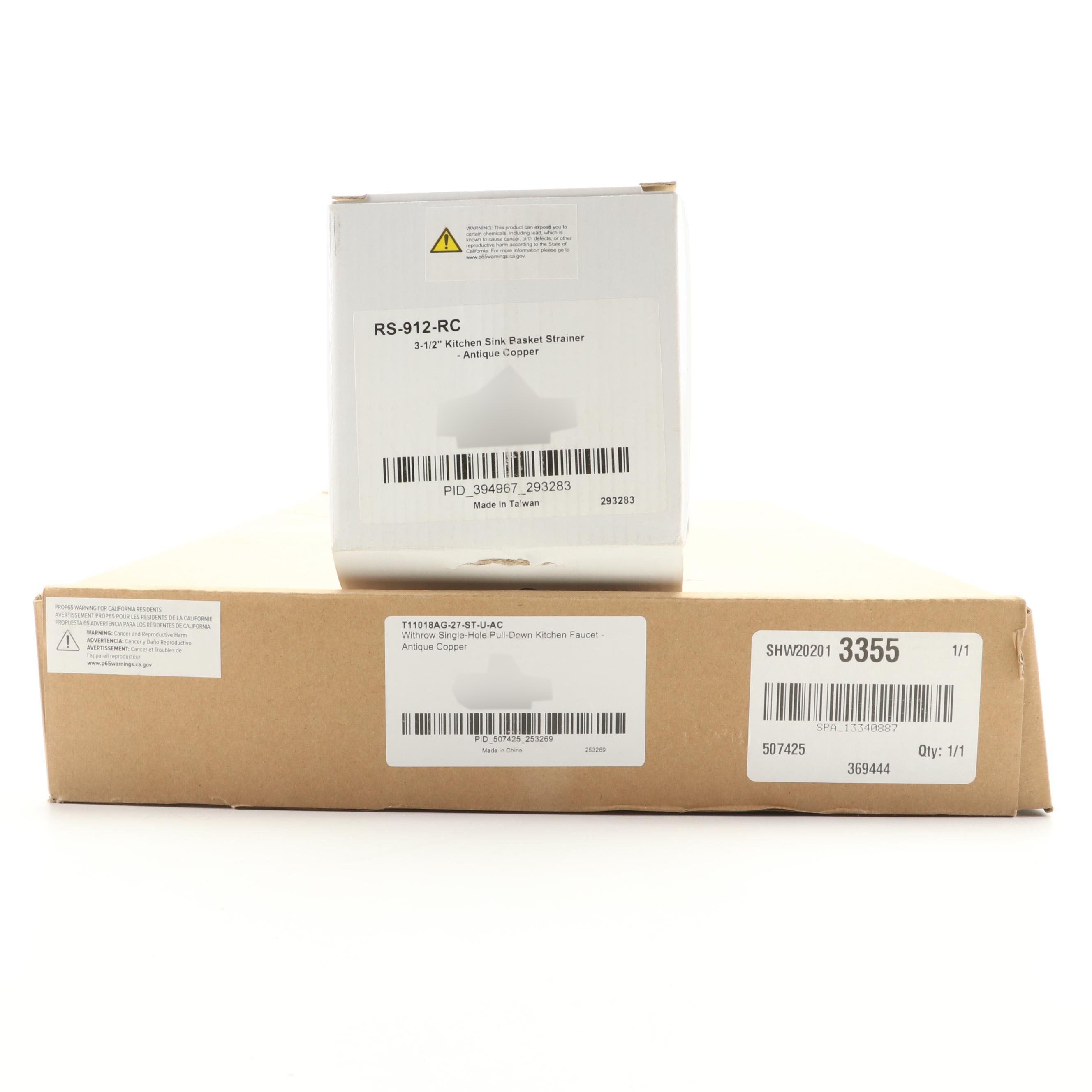 Antique Copper Single Hole Pull Down Kitchen Faucet and Sink Basket Strainer