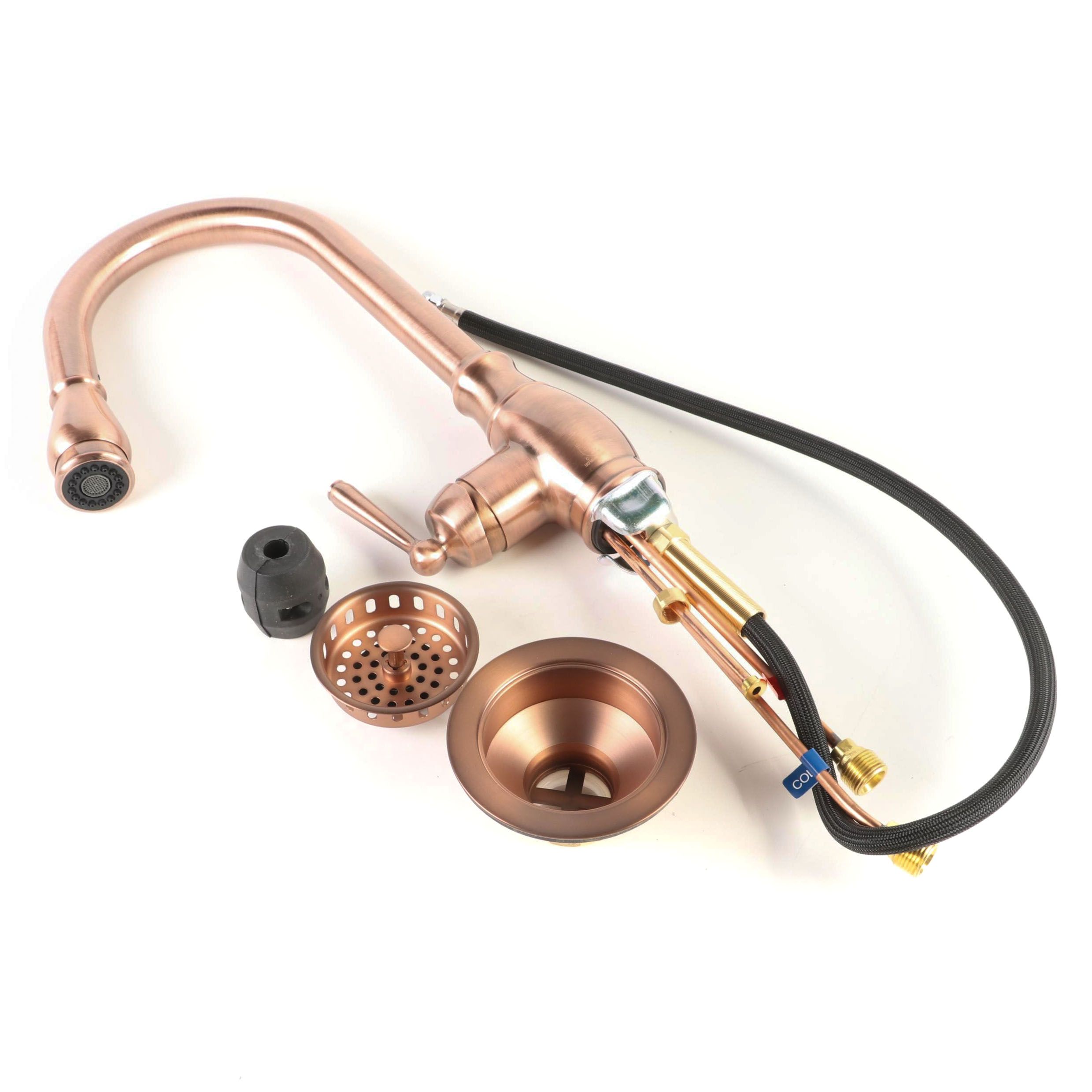 Antique Copper Single Hole Pull Down Kitchen Faucet and Sink Basket Strainer