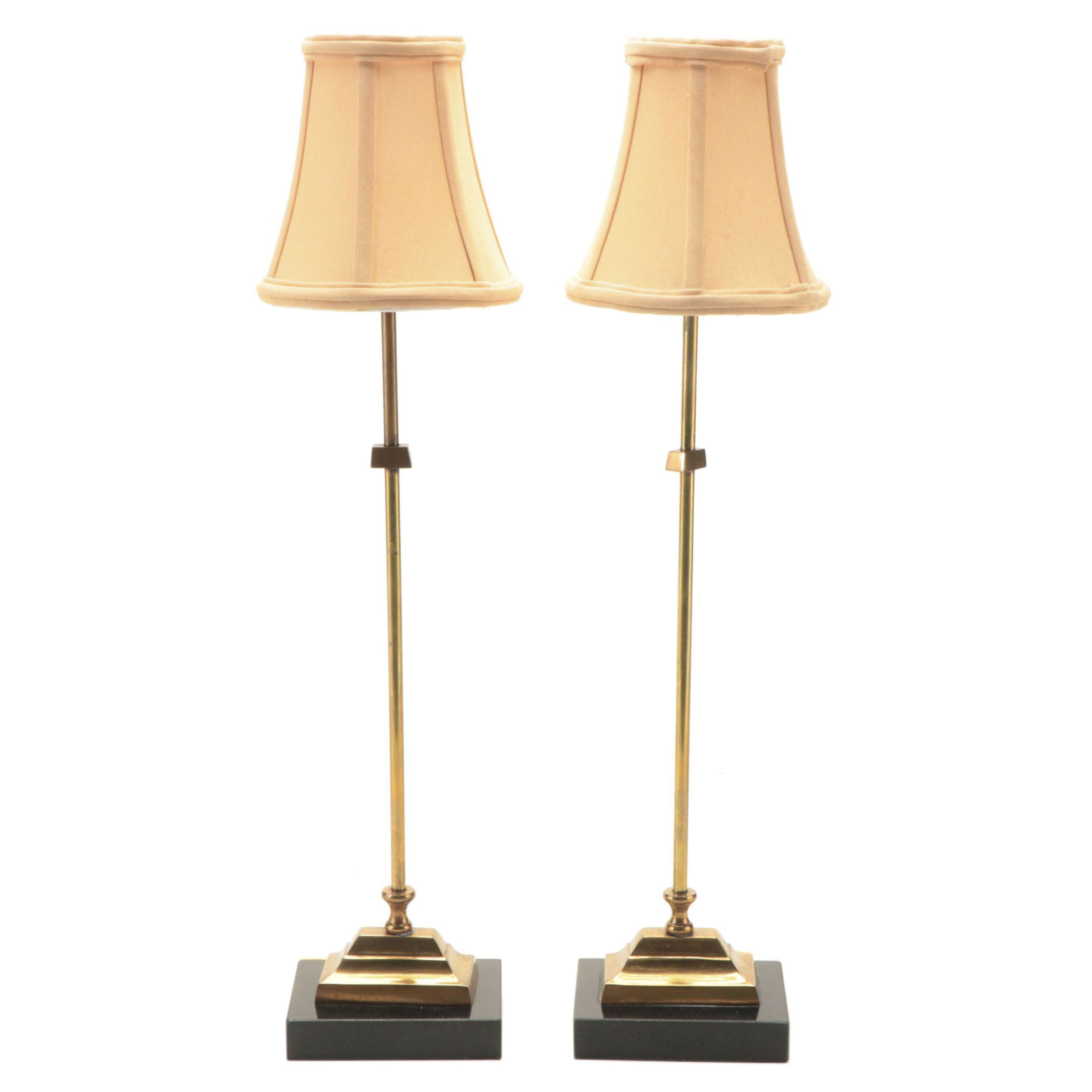 Pair of Brass Console Lamps on Bases with Clip-On Shades