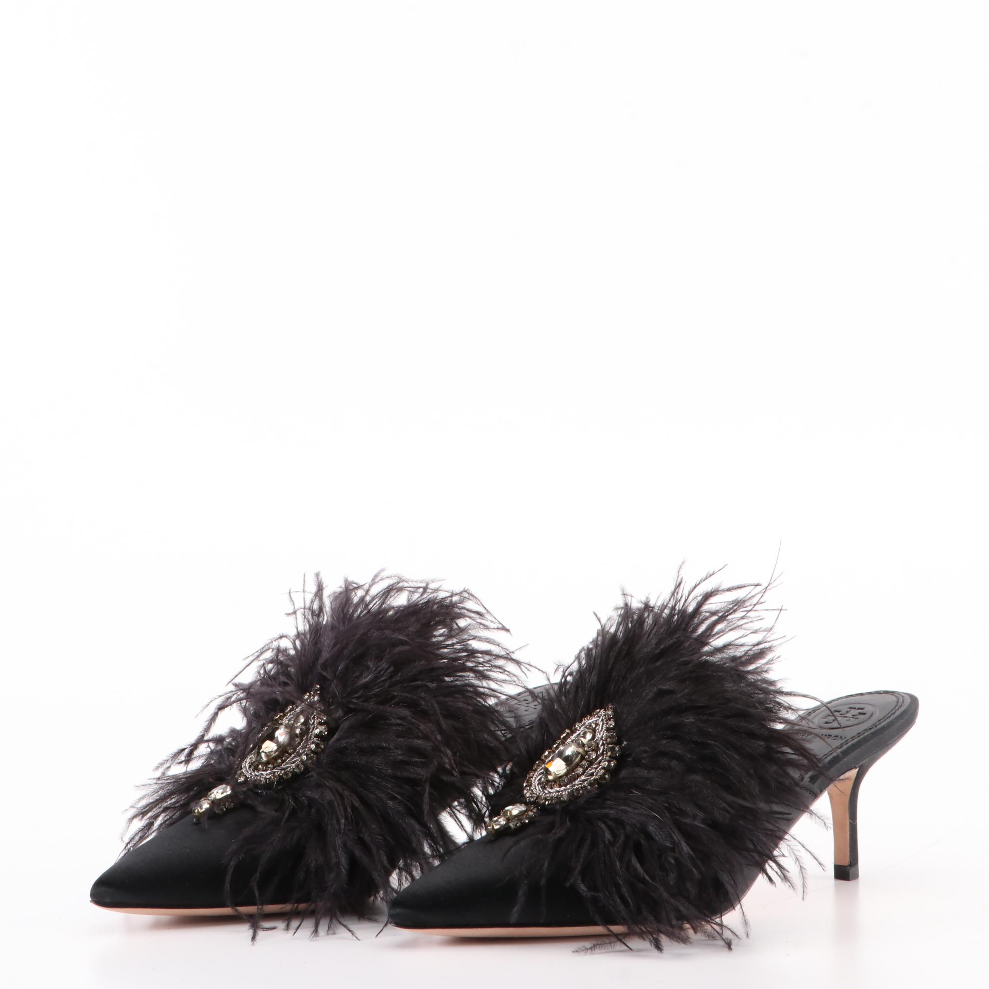 Tory Burch Elodie Embellished Mules in Black Satin