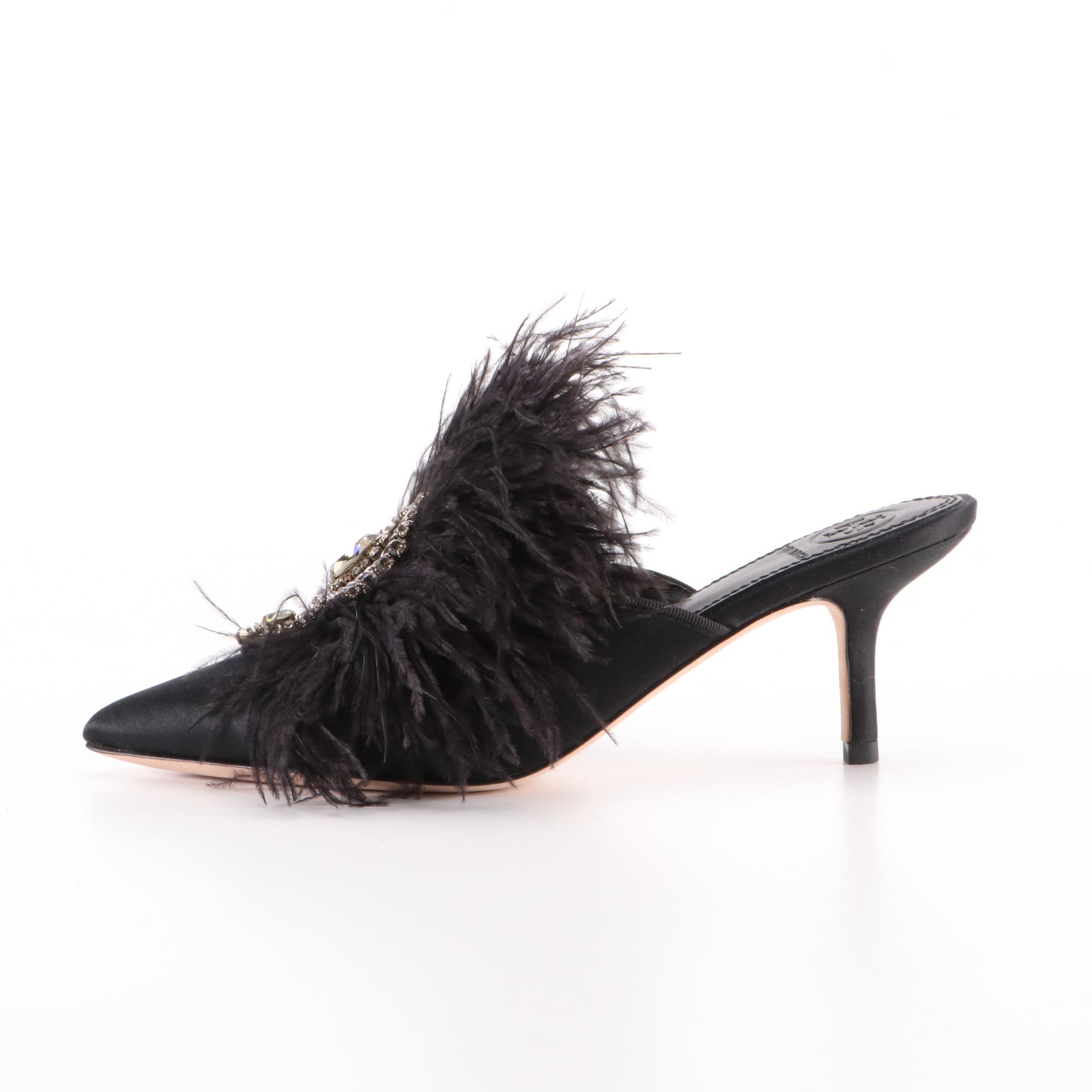 Tory Burch Elodie Embellished Mules in Black Satin