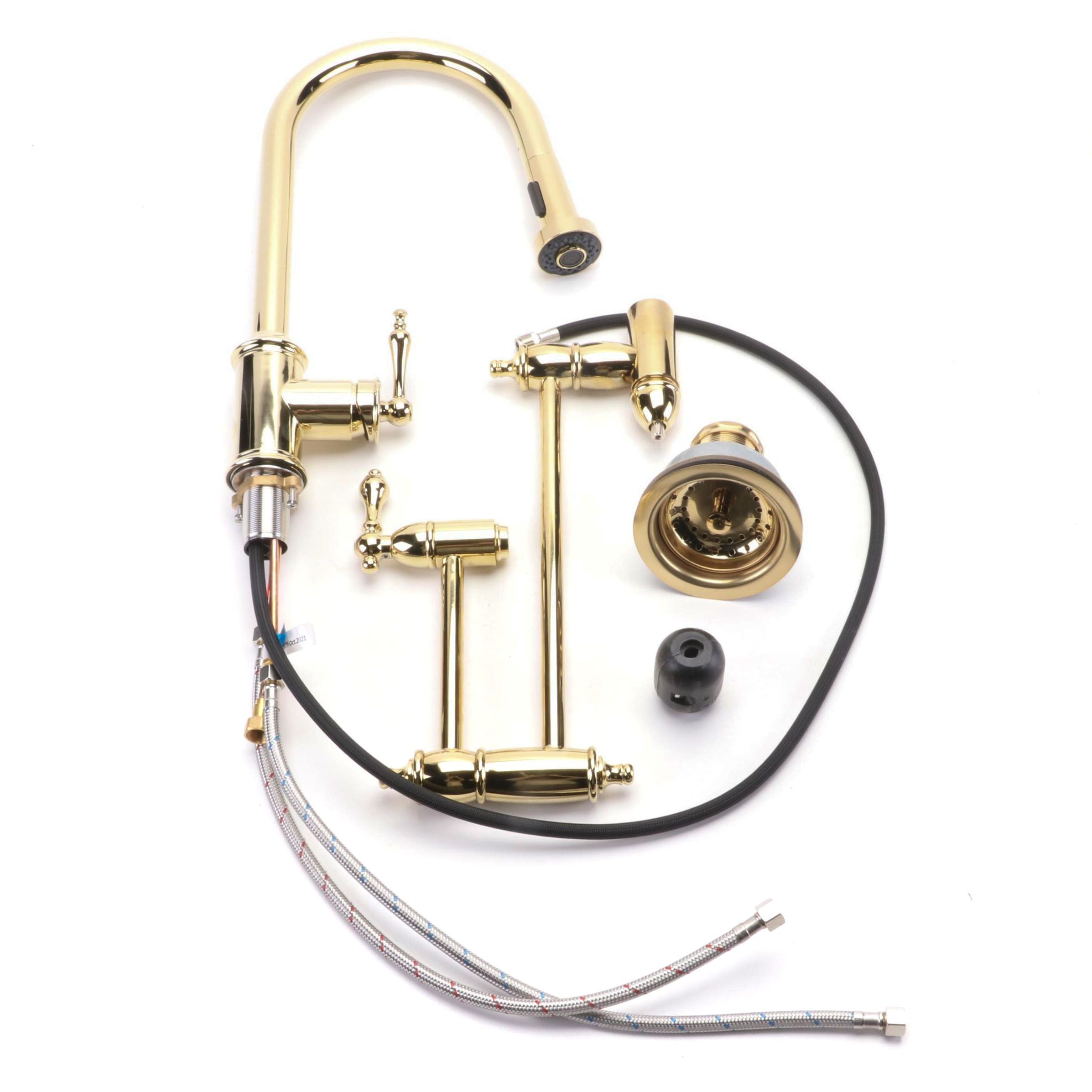 Polished Brass Kitchen Pull Down Faucet, Wall Mount Pot Filler and Sink Strainer