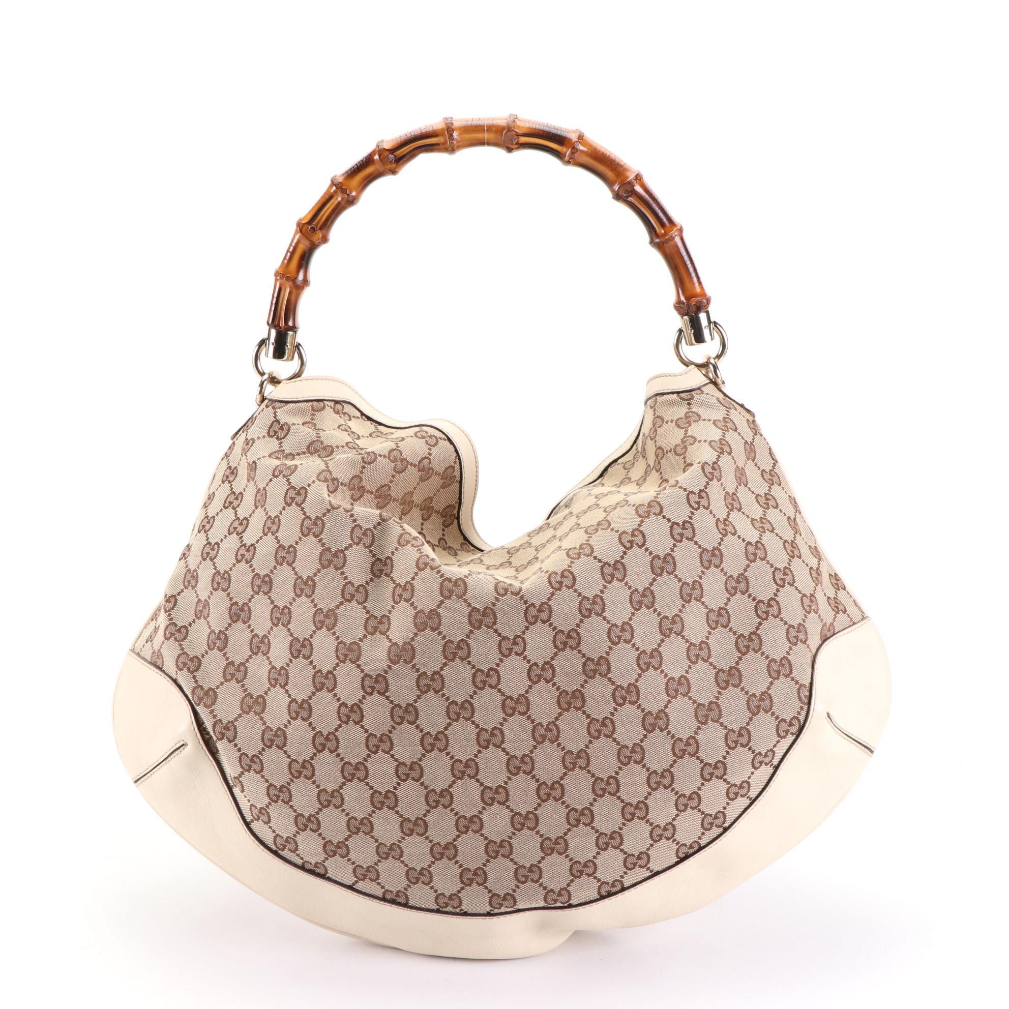 Gucci Bamboo Large Hobo Bag in GG Canvas and Ivory Leather w/Strap