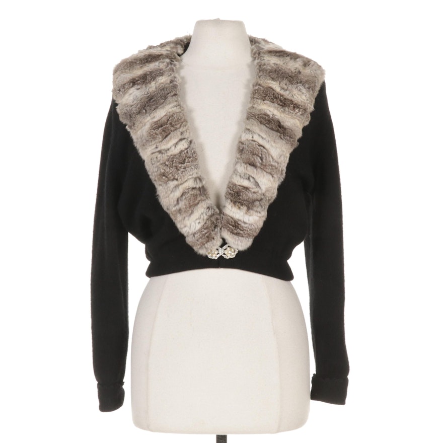 Wool Cropped Sweater with Chinchilla Dyed Rex Rabbit Fur Collar