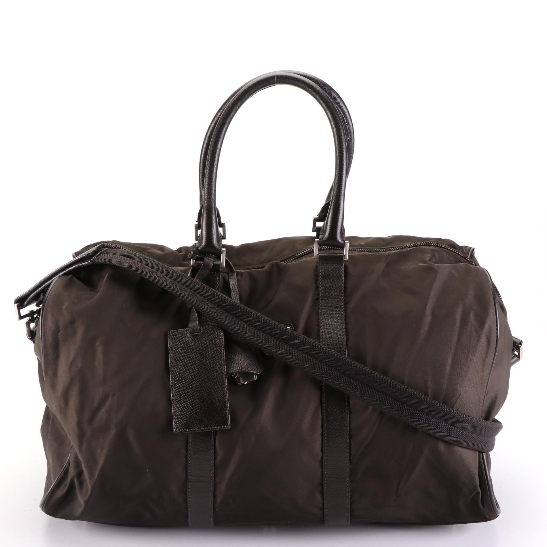 Prada Duffle Bag in Brown Nylon Gabardine and Saffiano Leather w/Shoulder Strap
