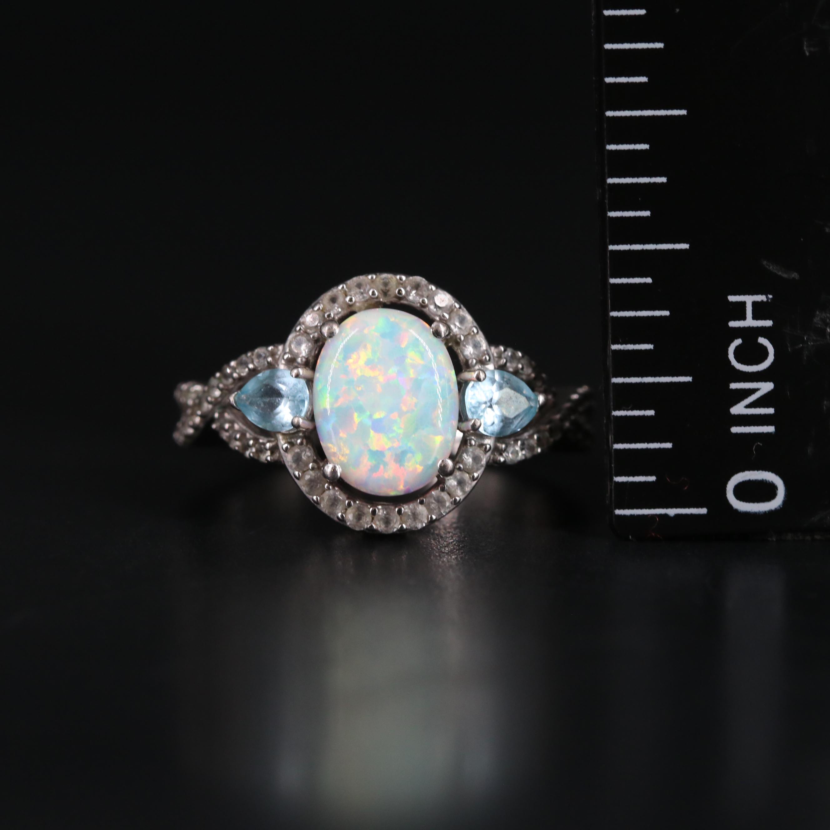 Sterling Silver Opal, Topaz, and Sapphire Ring