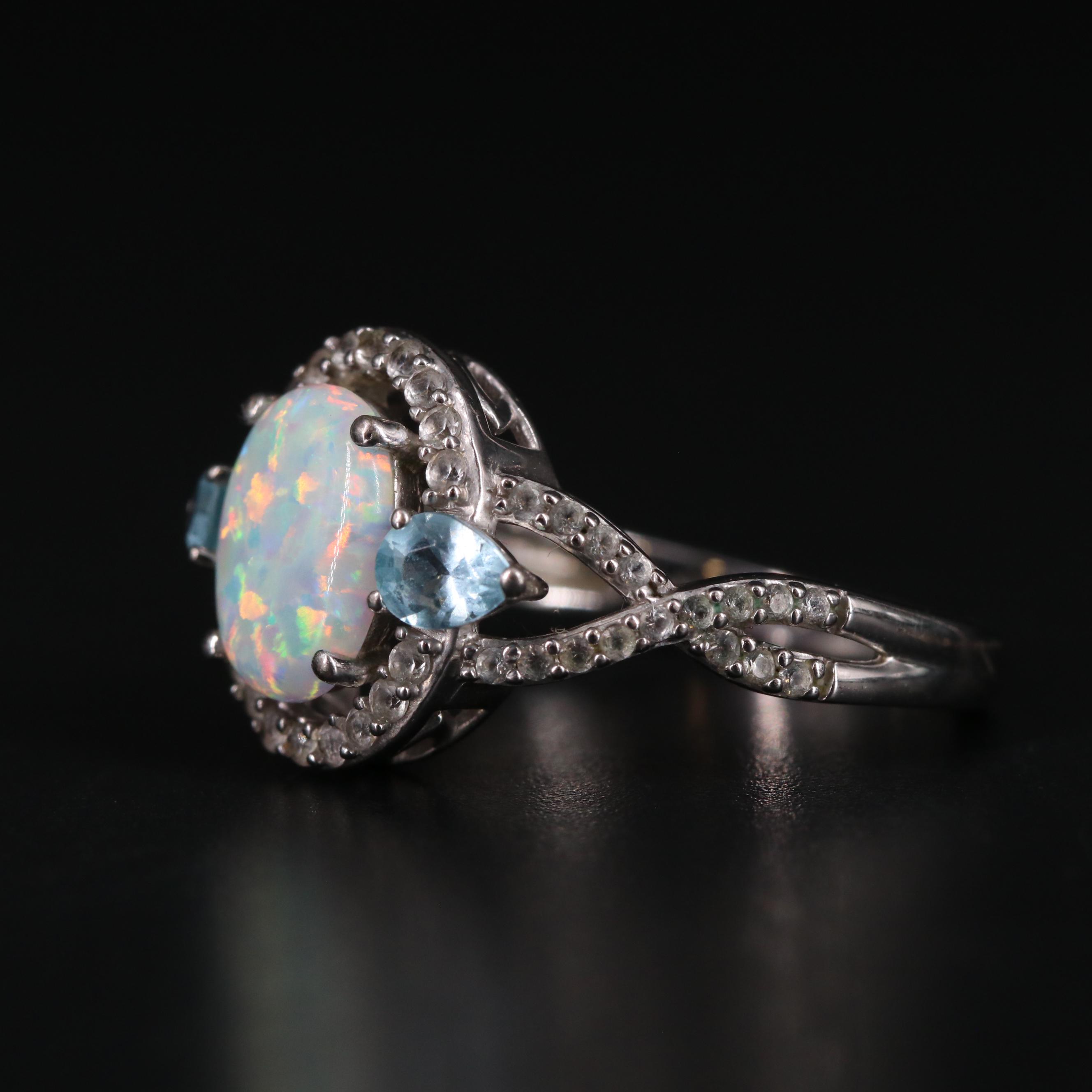 Sterling Silver Opal, Topaz, and Sapphire Ring