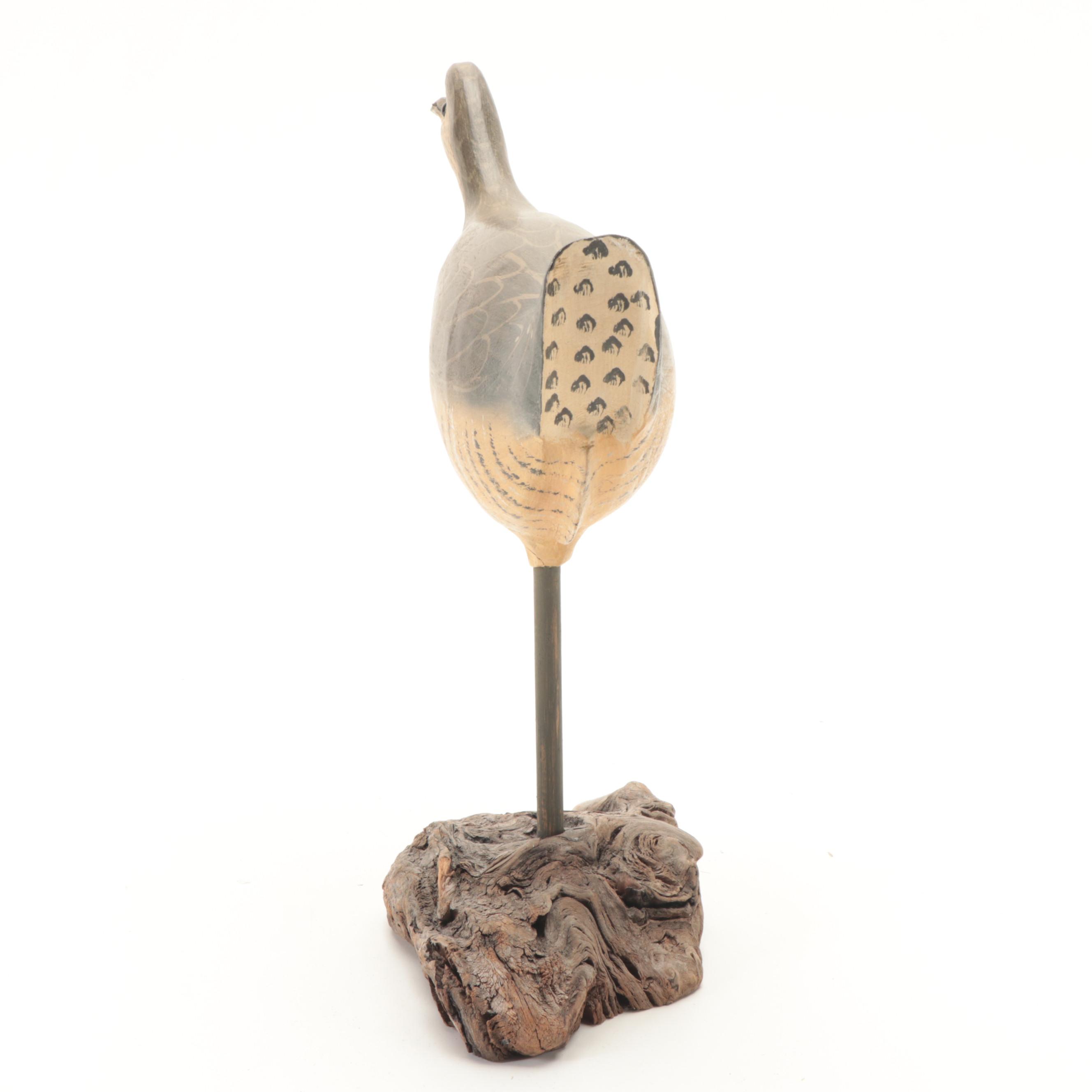 Artist Made Hand-Painted Carved Wood Salt Water Marsh Hen on Burlwood