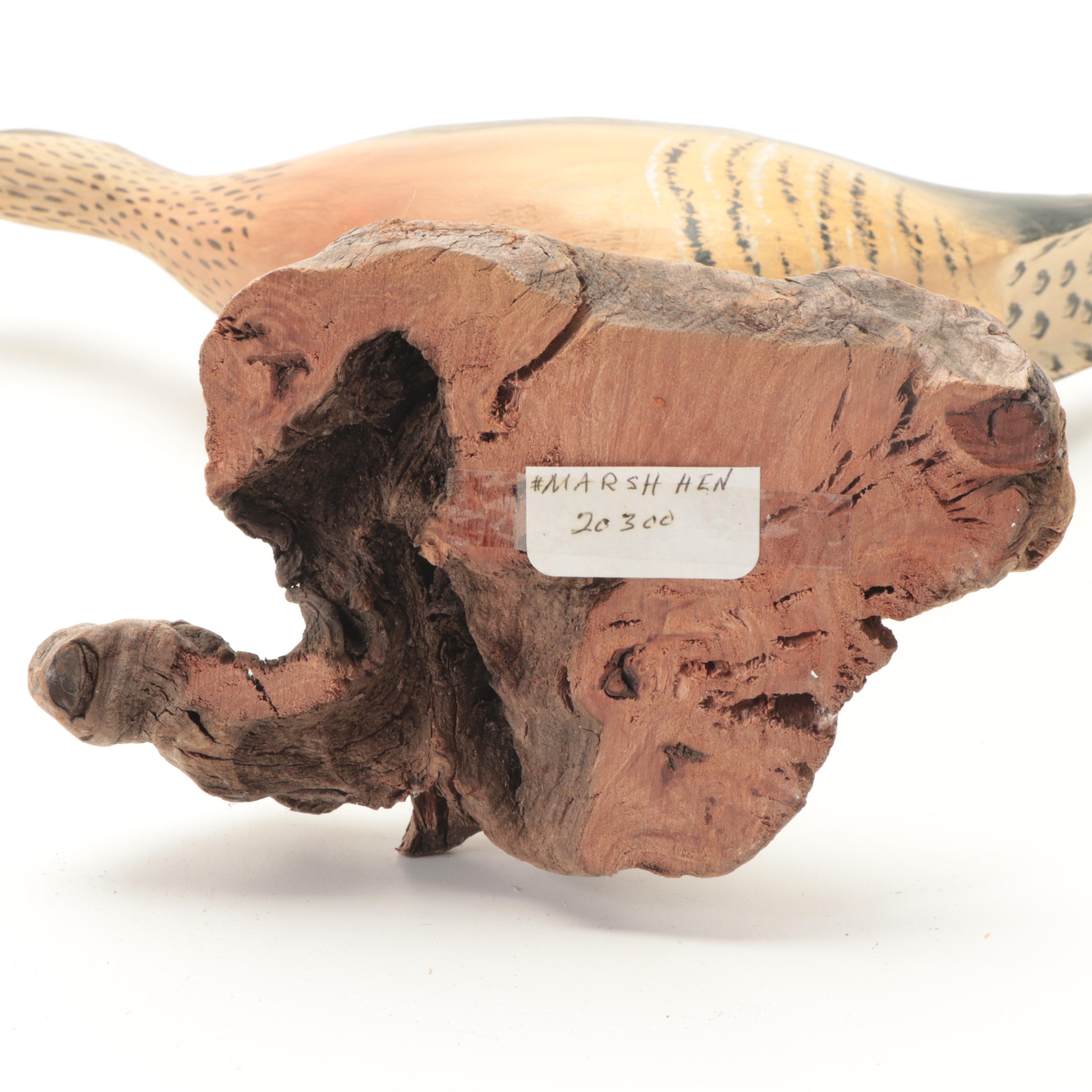 Artist Made Hand-Painted Carved Wood Salt Water Marsh Hen on Burlwood