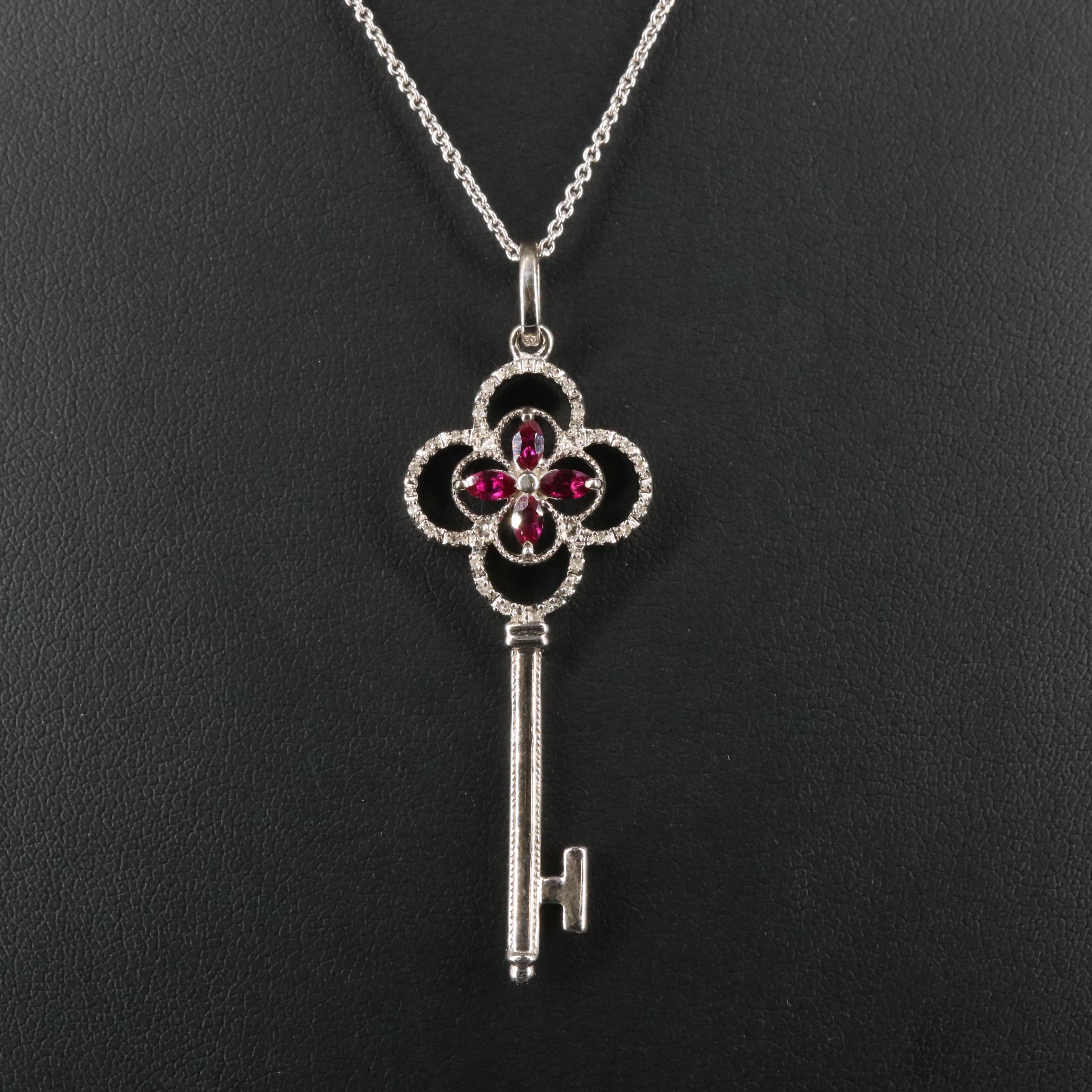 Sterling Silver Ruby and Diamond Key Necklace