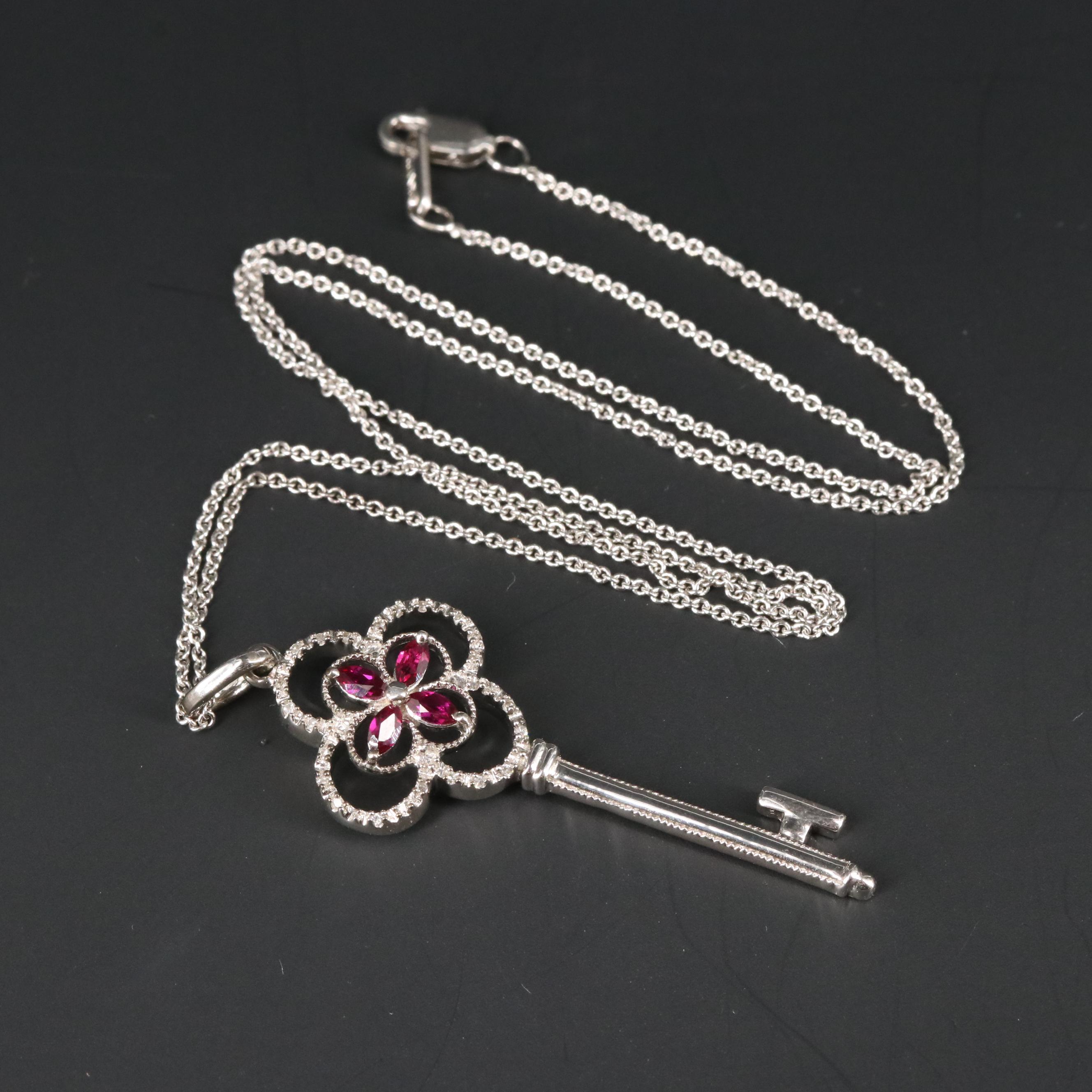 Sterling Silver Ruby and Diamond Key Necklace