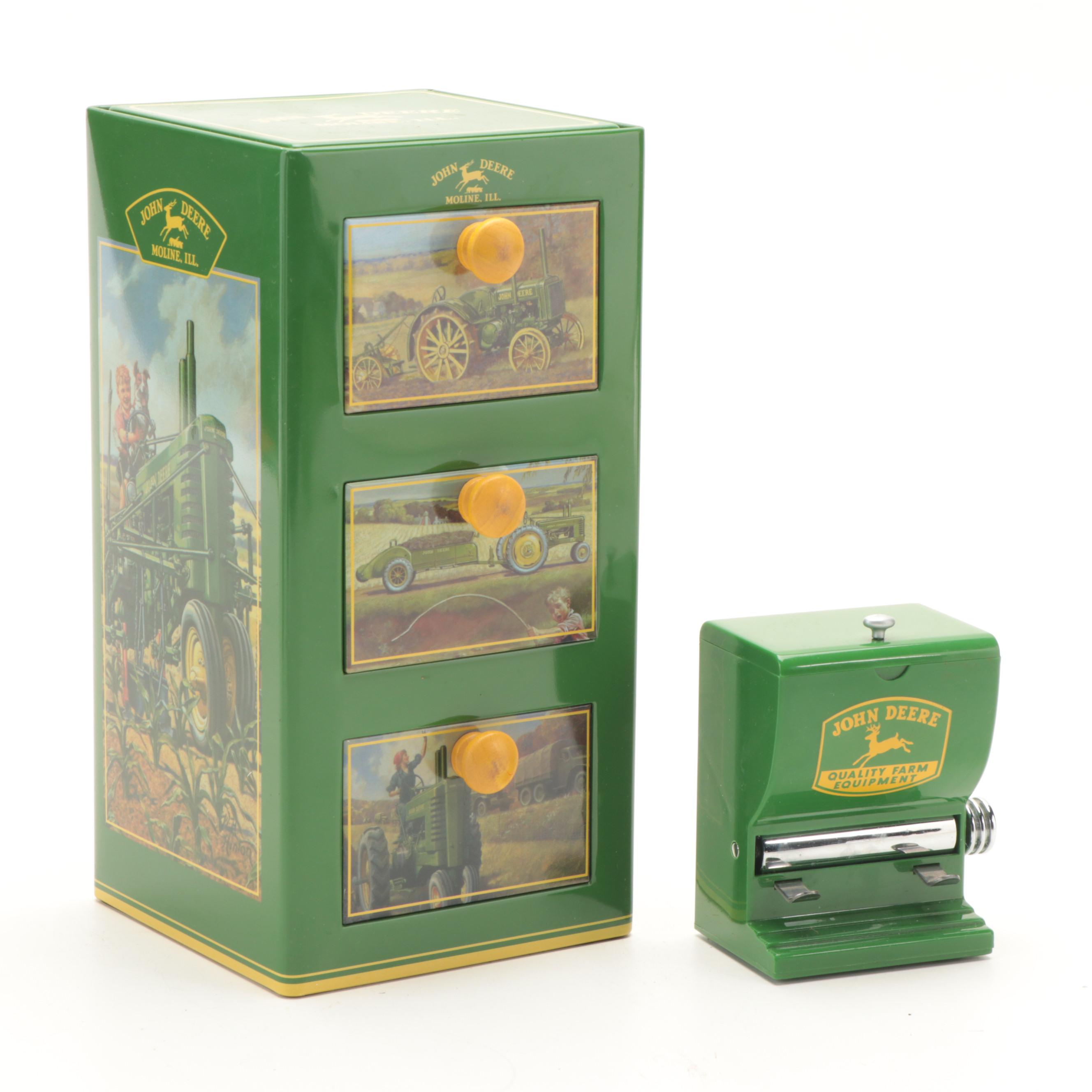 John Deere Tin Litho Boxes with Shakers, Toothpick Dispenser and Wall Clock