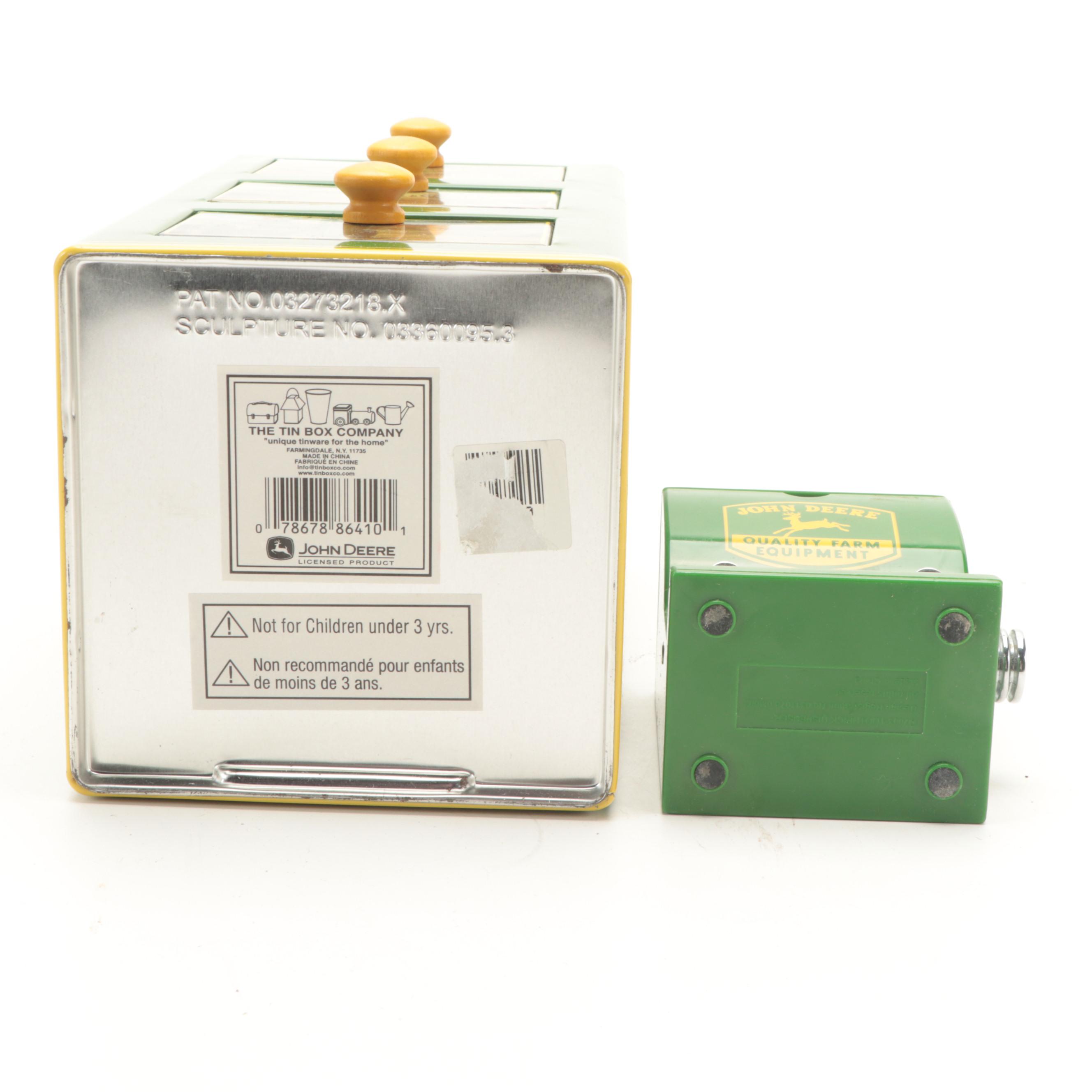 John Deere Tin Litho Boxes with Shakers, Toothpick Dispenser and Wall Clock