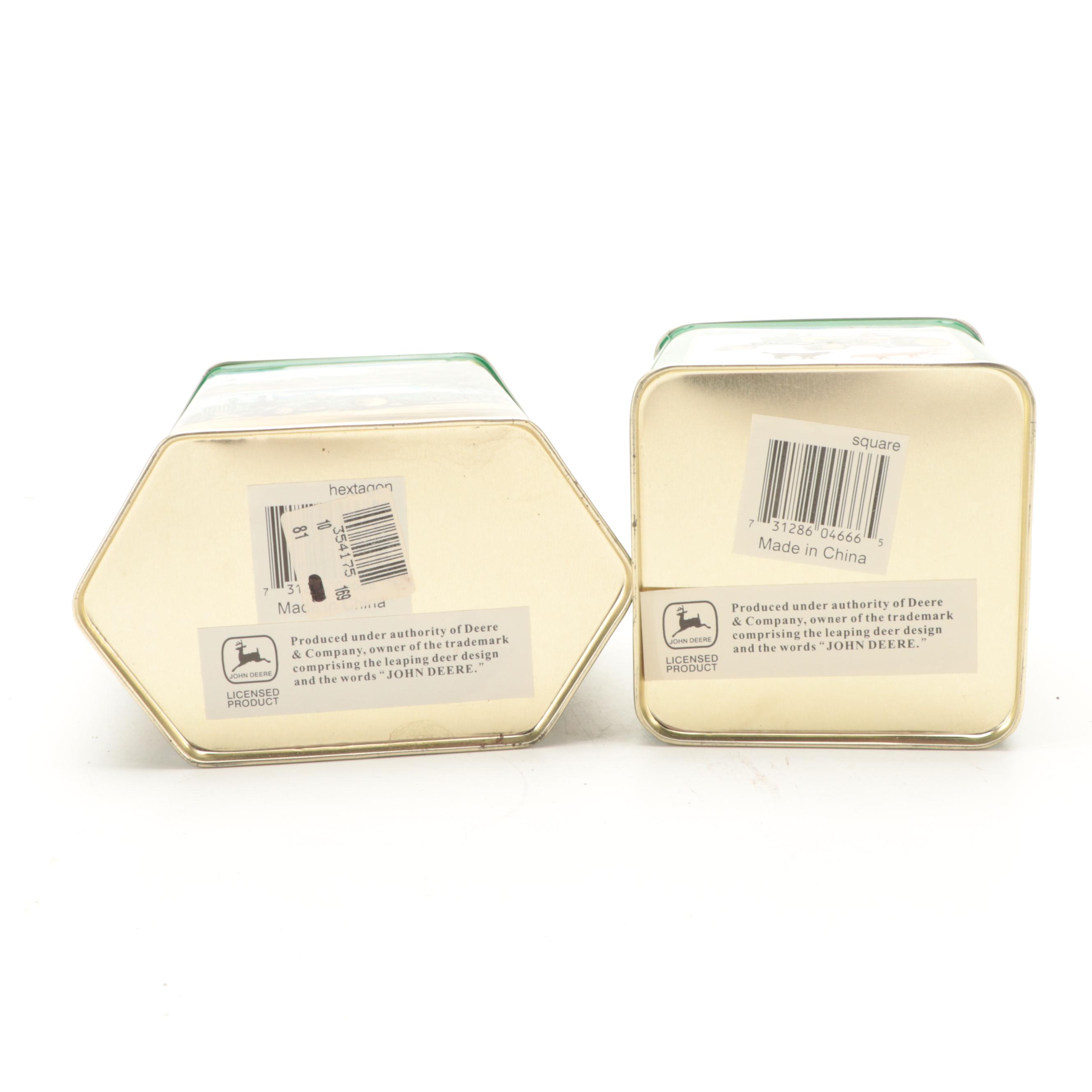 John Deere Tin Litho Boxes with Shakers, Toothpick Dispenser and Wall Clock