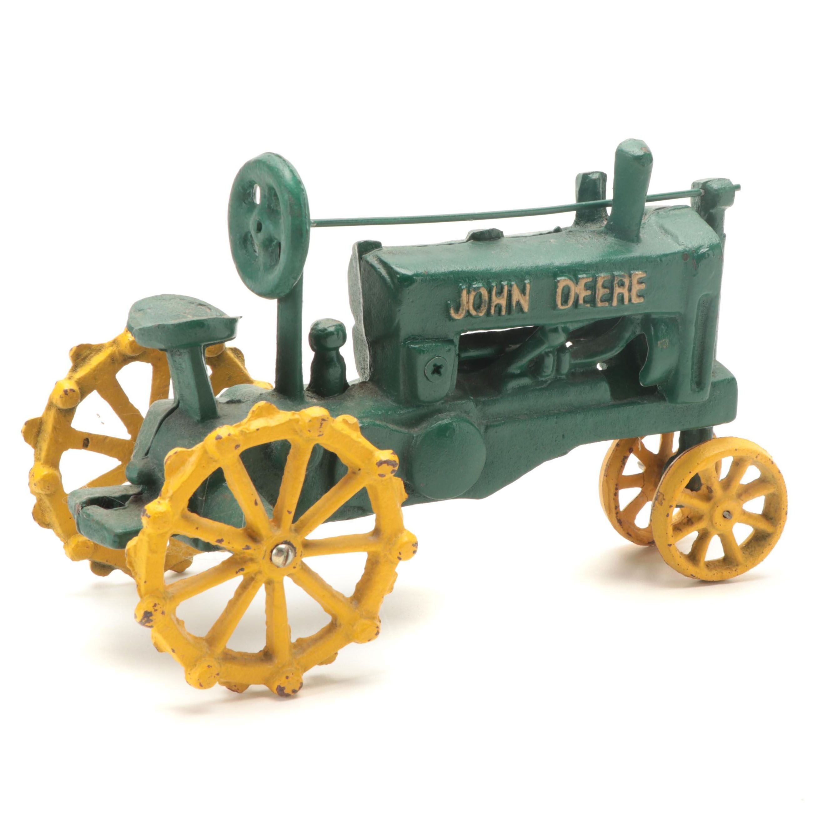 Painted Cast Iron John Deere Tractor Toy