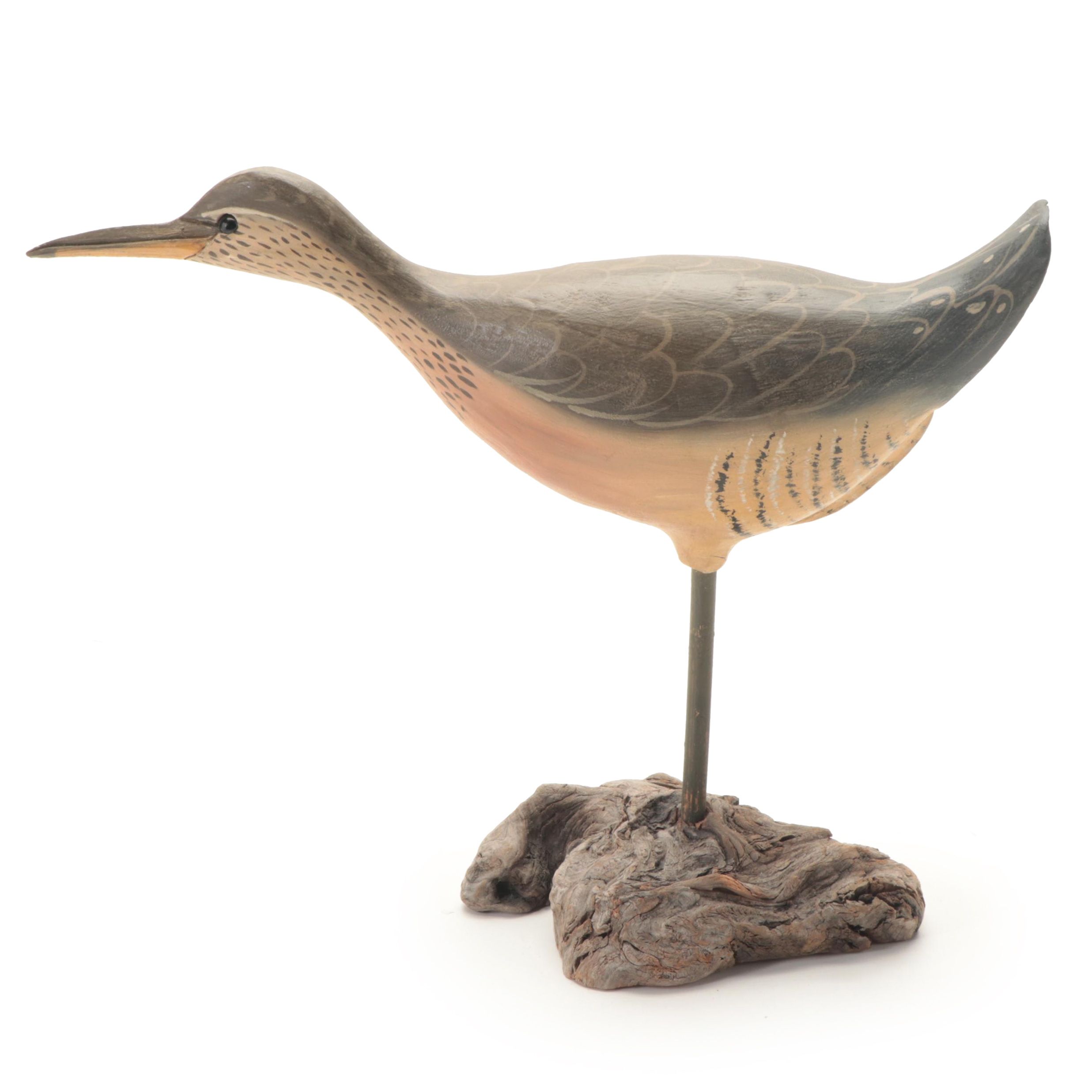 Artist Made Hand-Painted Carved Wood Salt Water Marsh Hen on Burlwood