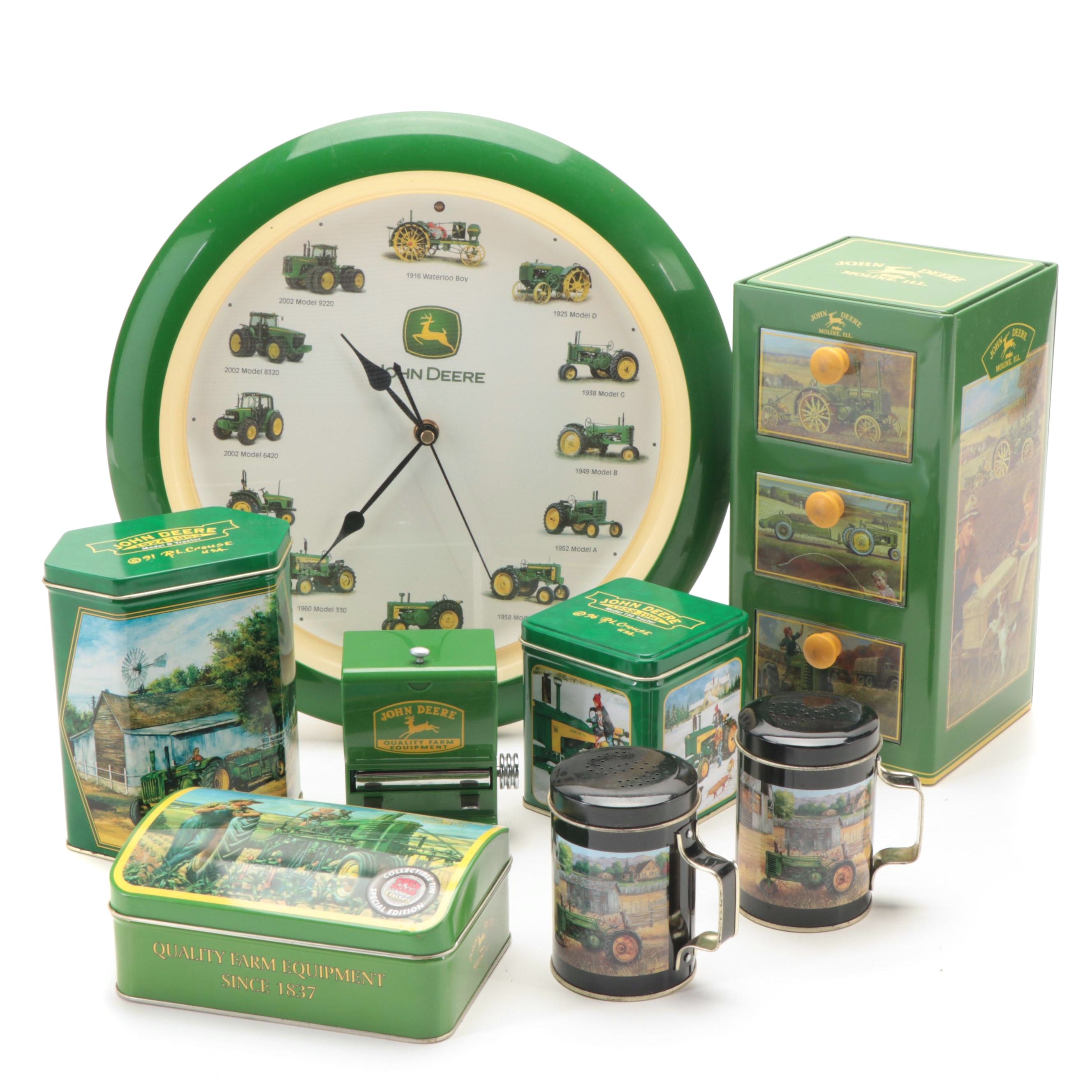 John Deere Tin Litho Boxes with Shakers, Toothpick Dispenser and Wall Clock