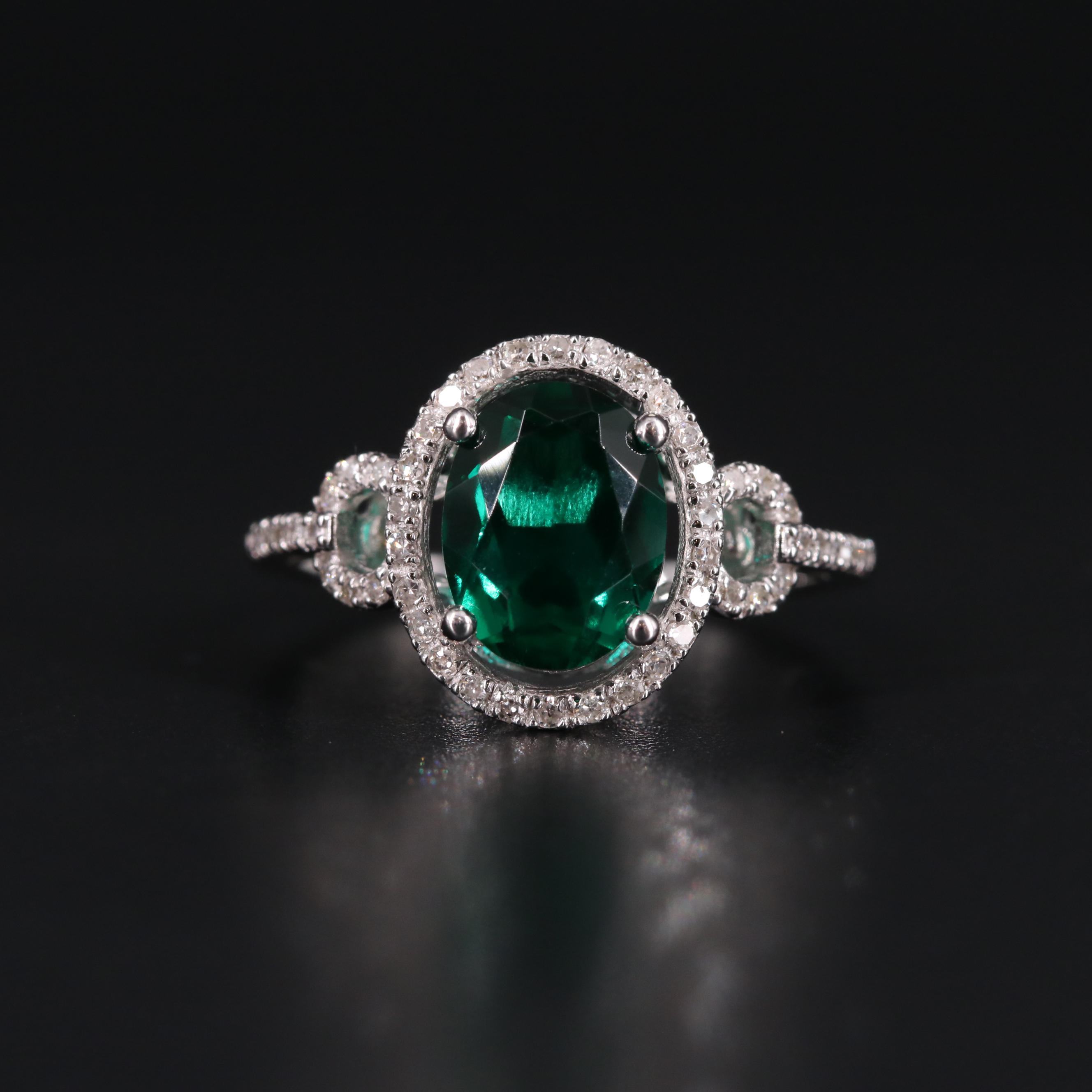 Sterling Silver Emerald and Diamond Ring