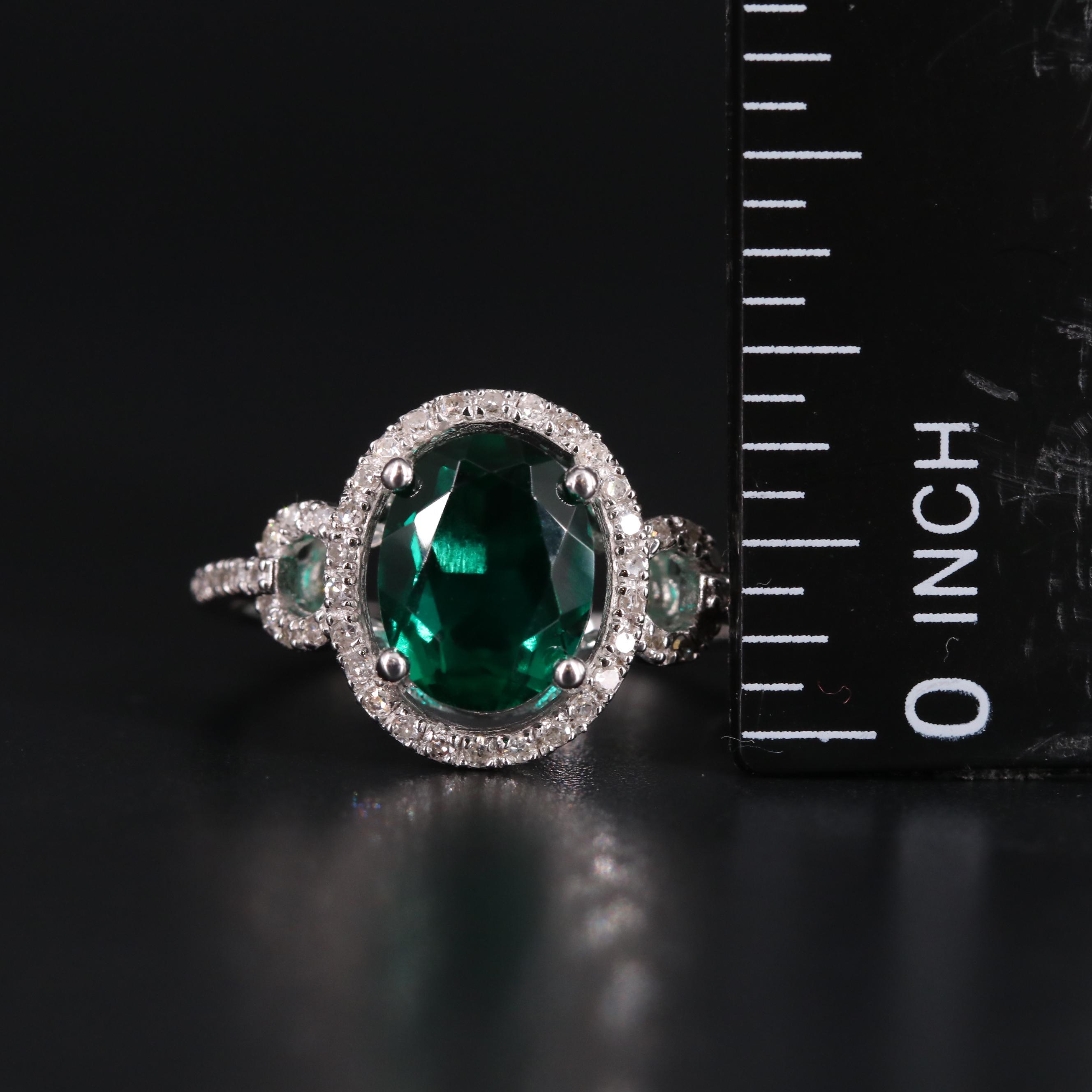 Sterling Silver Emerald and Diamond Ring