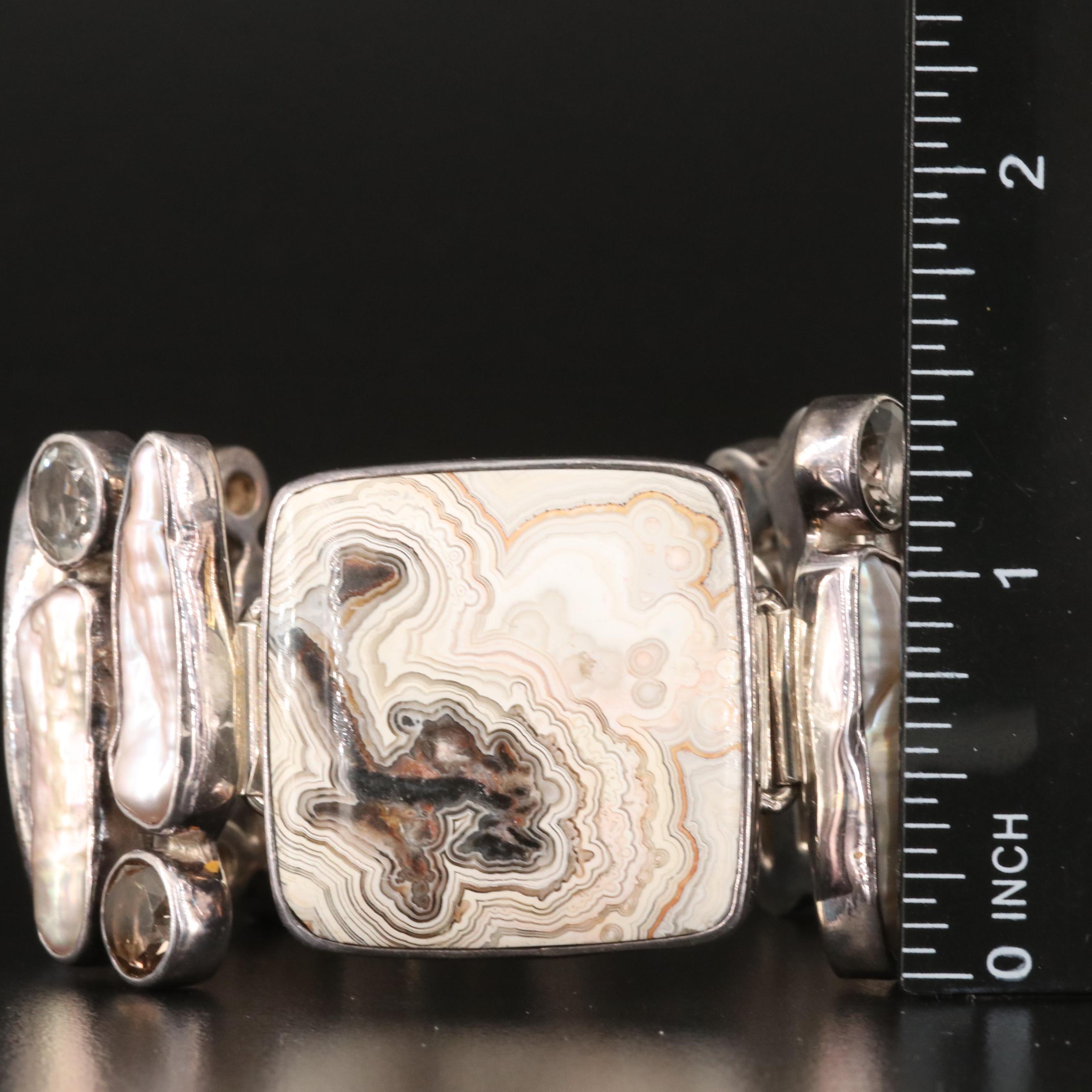 Starborn Creations Sterling Agate, Pearl and Topaz Bracelet