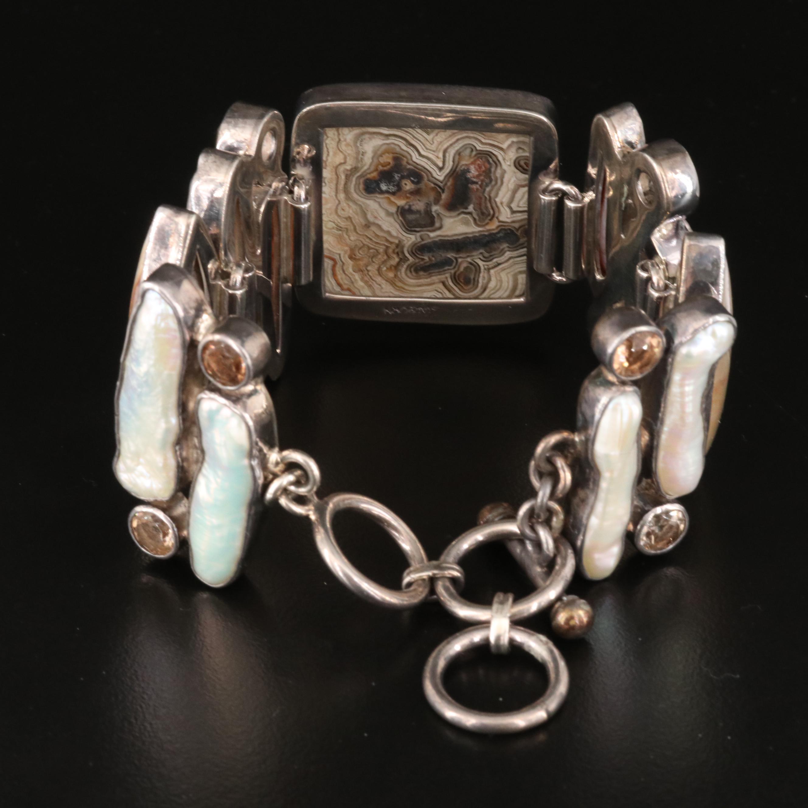 Starborn Creations Sterling Agate, Pearl and Topaz Bracelet
