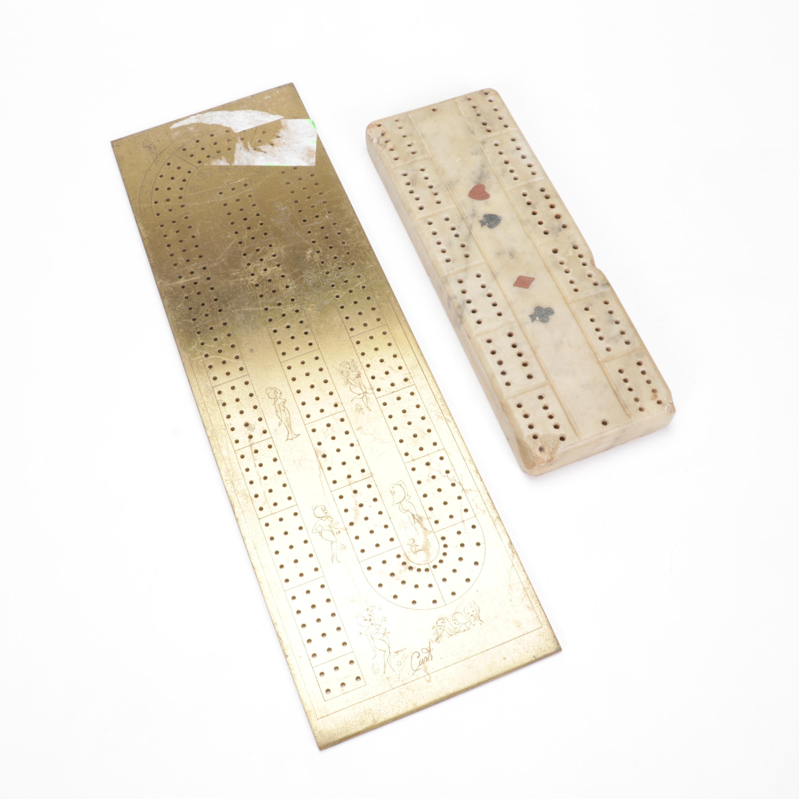 Wood, Marble, and Brass Cribbage Boards