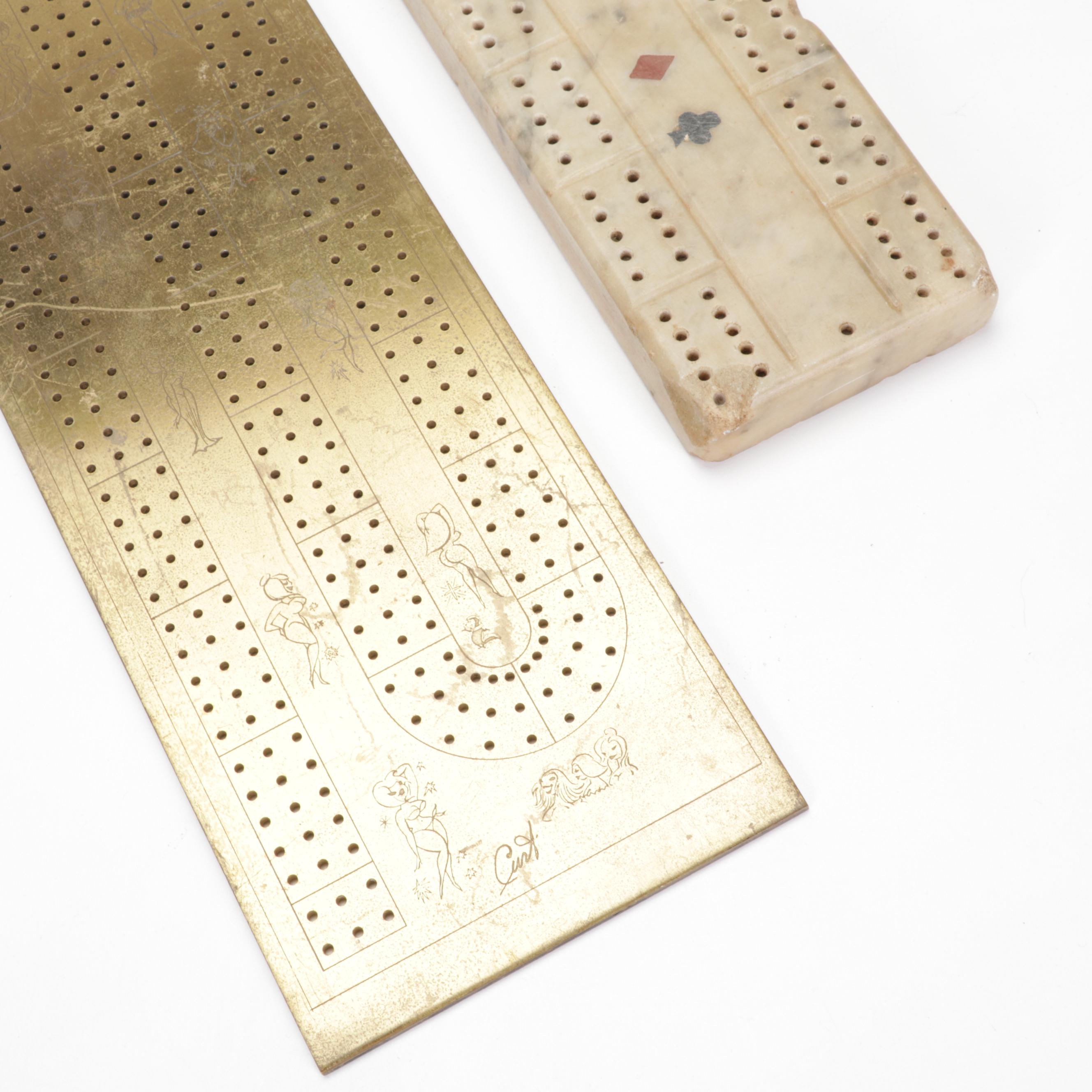 Wood, Marble, and Brass Cribbage Boards