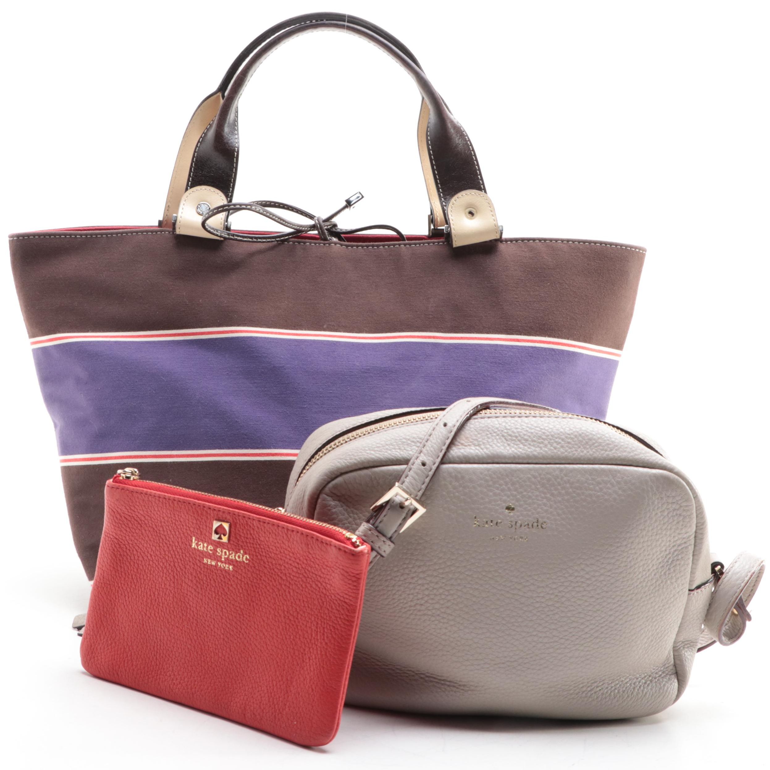 Kate Spade Tote Bag in Striped Canvas, Crossbody Bag, and Small Pouch in Leather