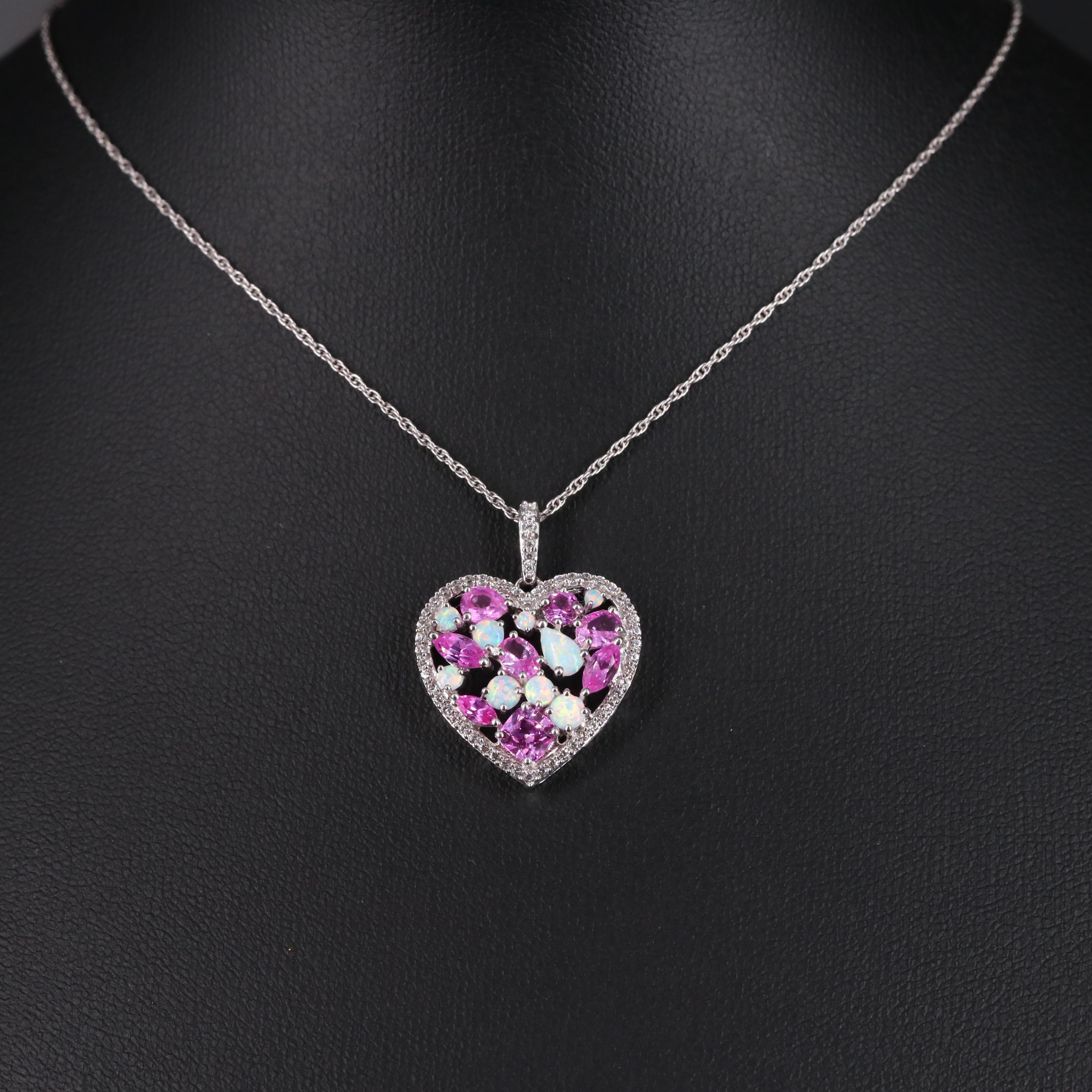 Sterling Silver Sapphire, Opal, and Cubic Zirconia Heart Necklace