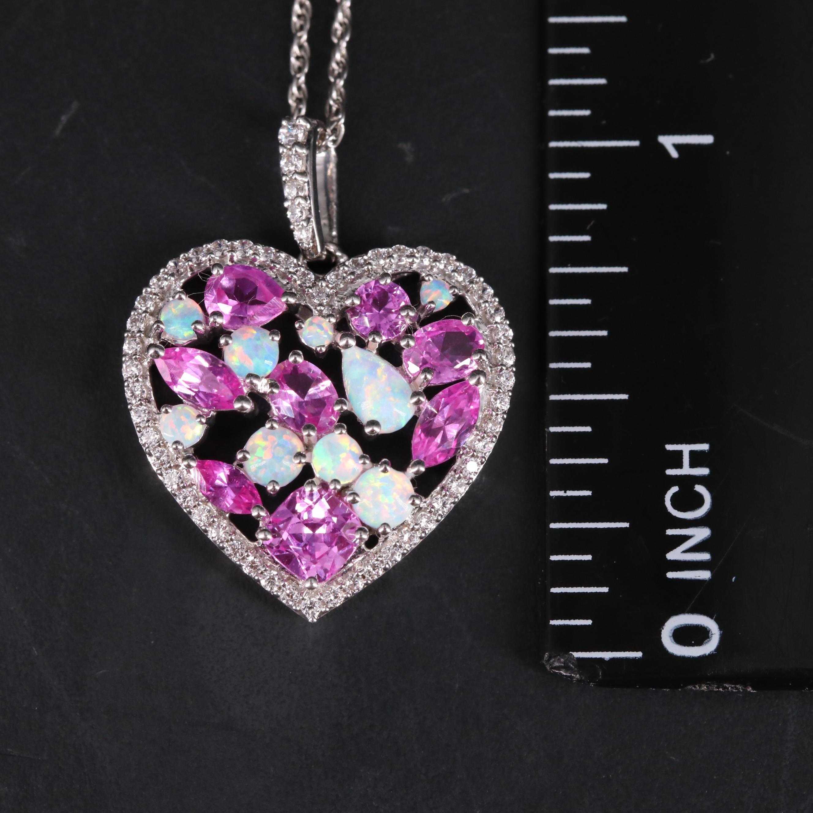 Sterling Silver Sapphire, Opal, and Cubic Zirconia Heart Necklace