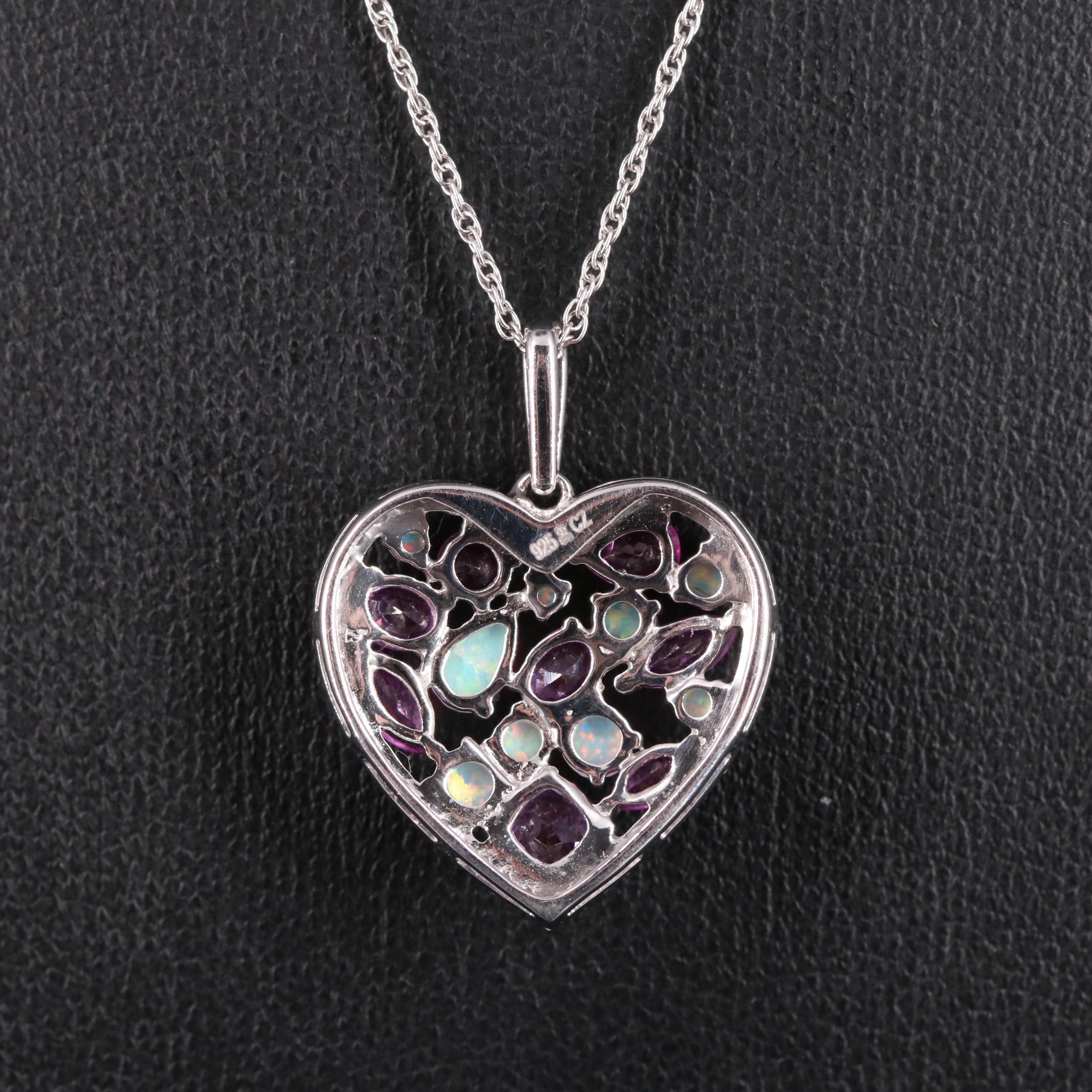 Sterling Silver Sapphire, Opal, and Cubic Zirconia Heart Necklace
