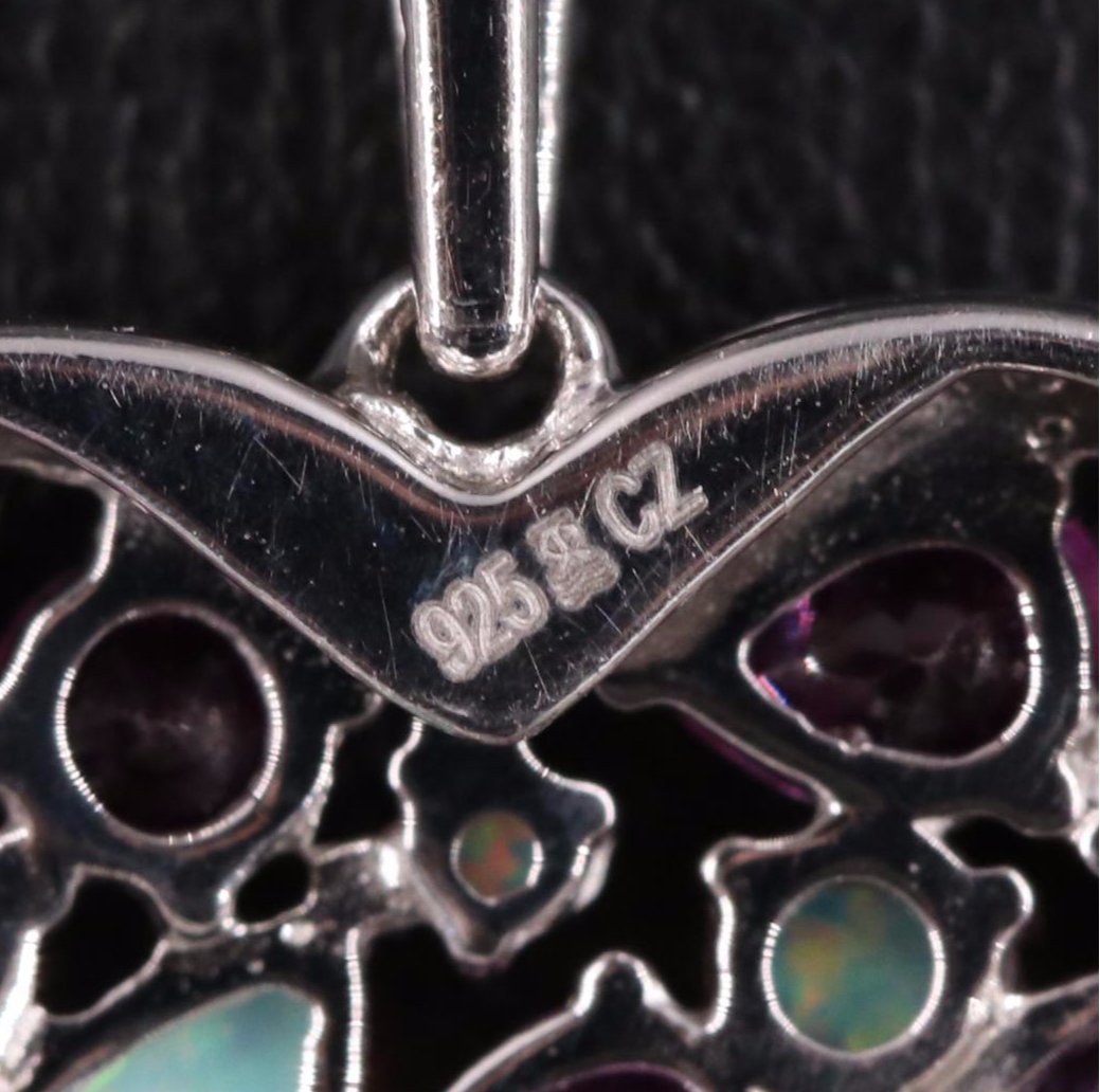 Sterling Silver Sapphire, Opal, and Cubic Zirconia Heart Necklace