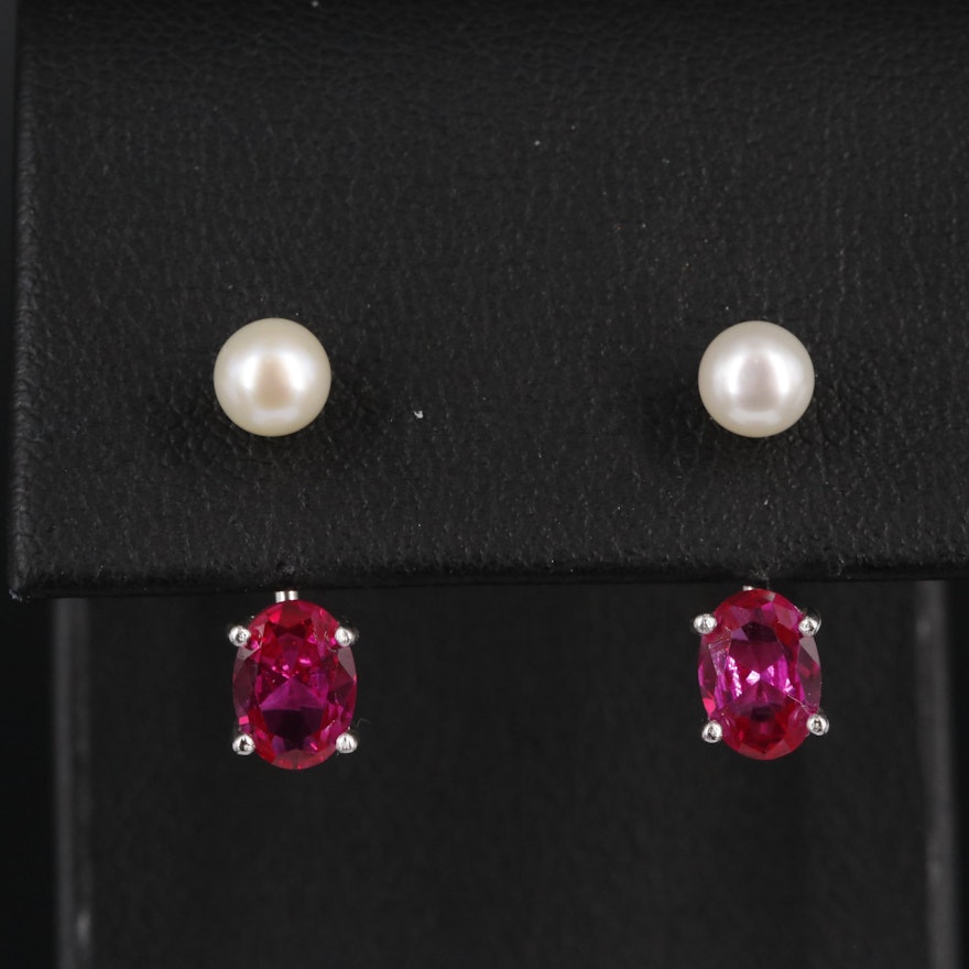 Sterling Silver Ruby and Pearl Earrings