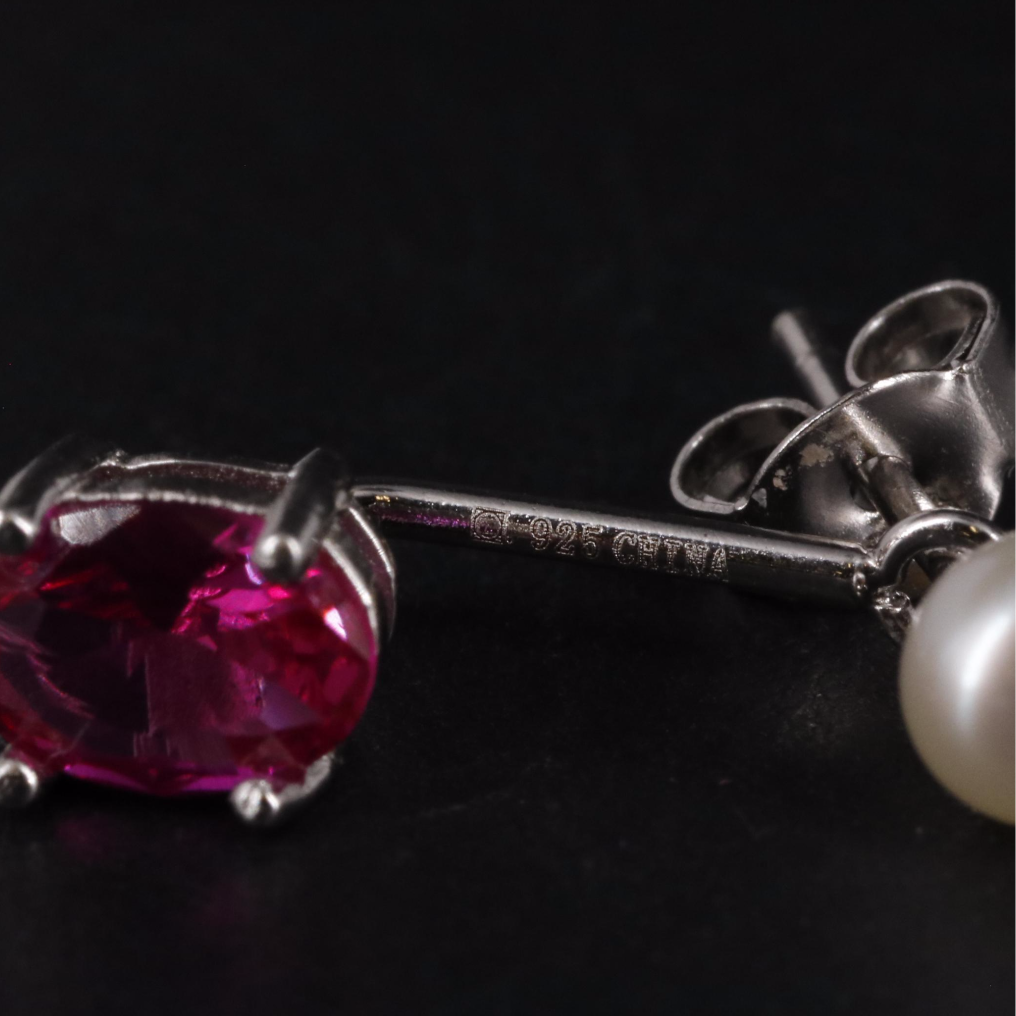 Sterling Silver Ruby and Pearl Earrings