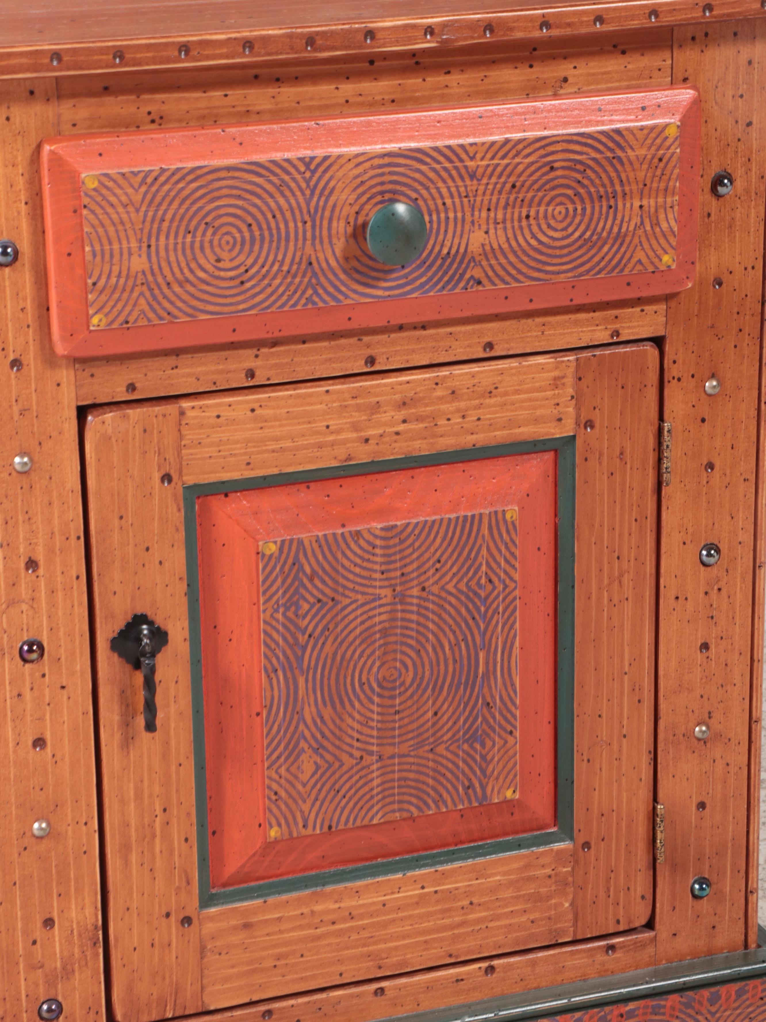 David Marsh Furniture Painted and Marble-Inlaid Pine Side Cabinet, dated 2003