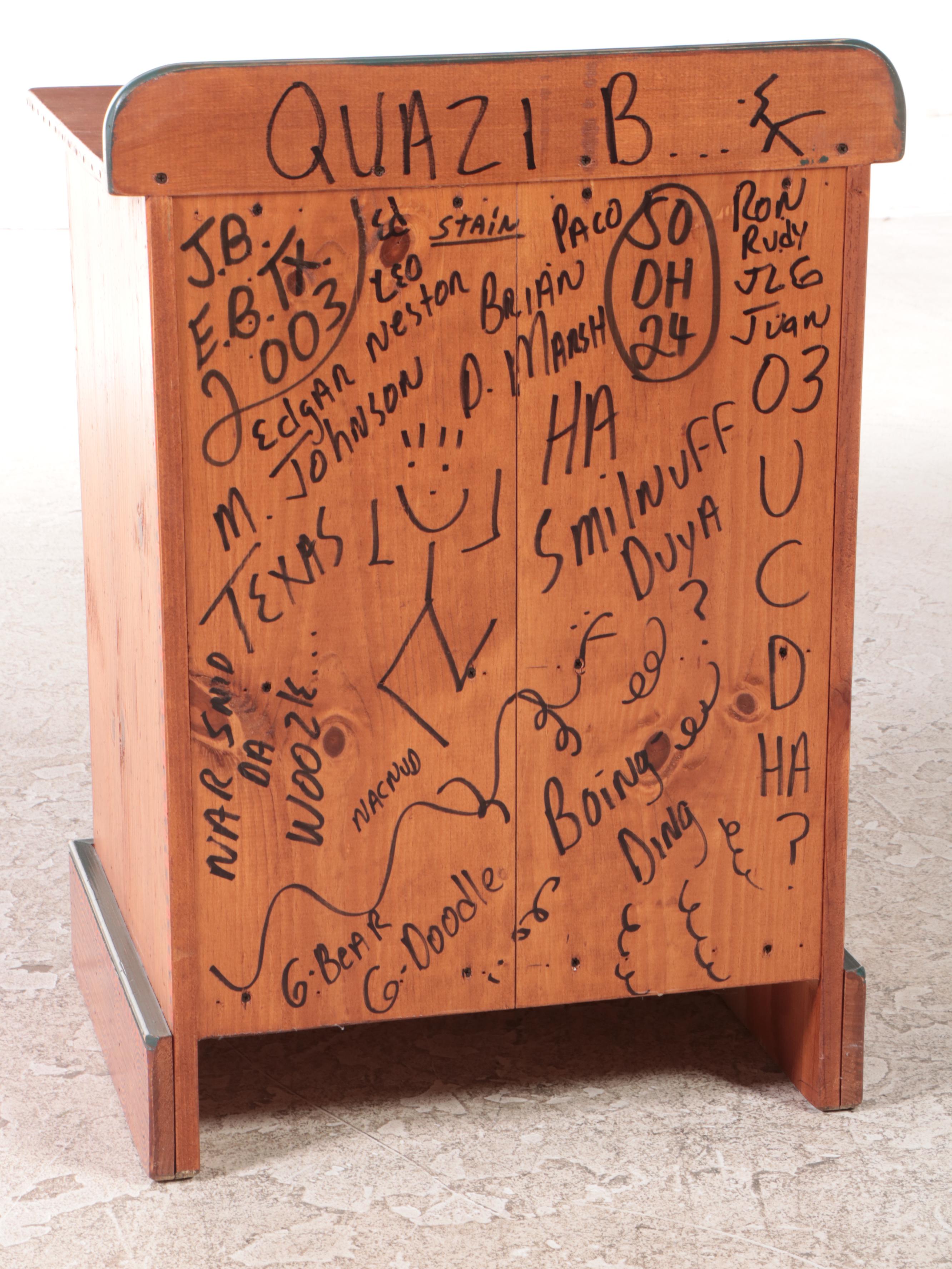 David Marsh Furniture Painted and Marble-Inlaid Pine Side Cabinet, dated 2003