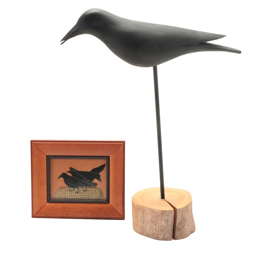 J. P. Hand Wooden Bird Sculpture with Sandra Bowers Folk Art Giclée