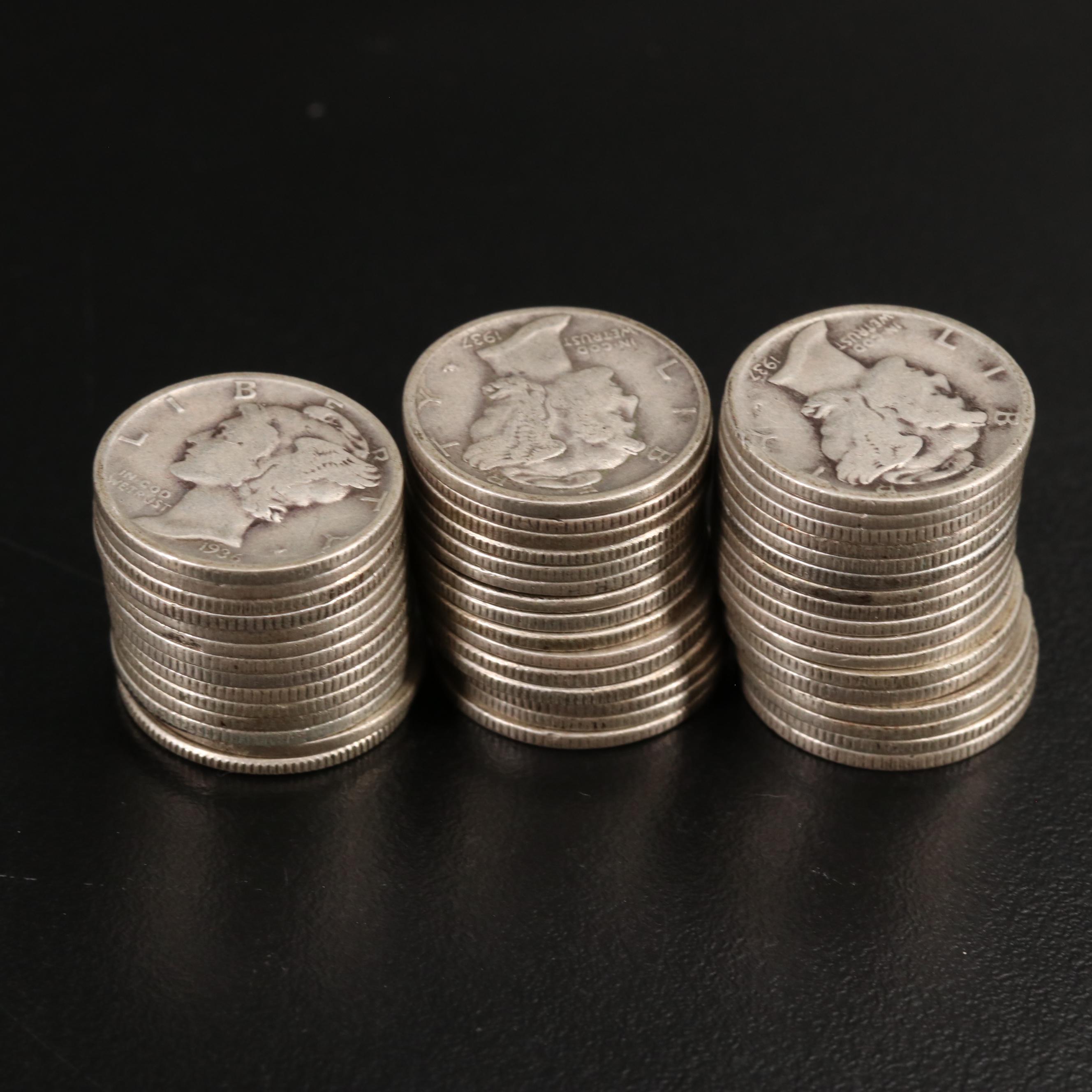 Collection of 46 U.S. 90% Silver Mercury and Roosevelt Dimes