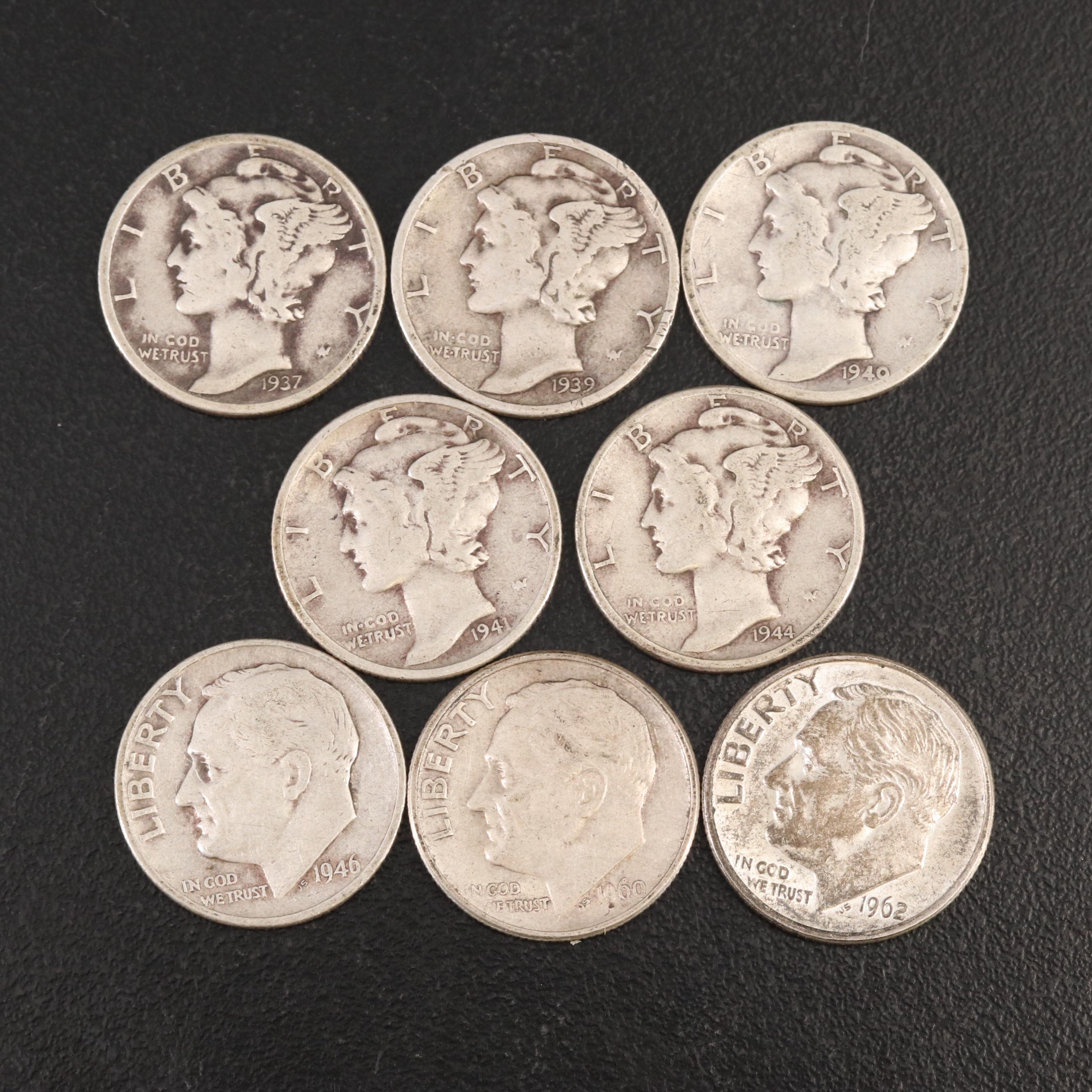 Collection of 46 U.S. 90% Silver Mercury and Roosevelt Dimes