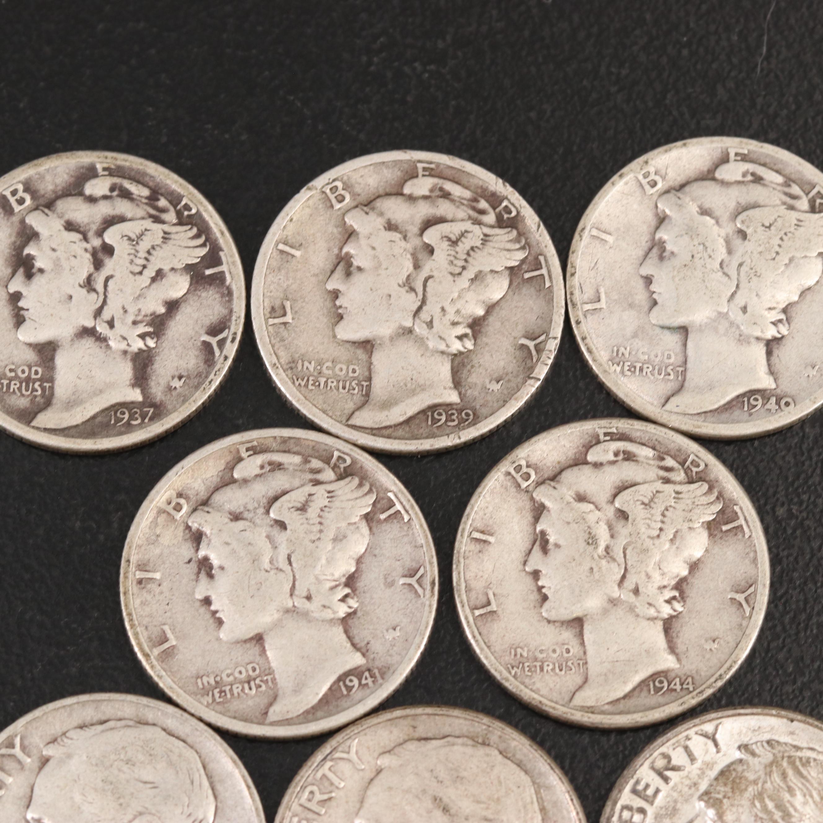 Collection of 46 U.S. 90% Silver Mercury and Roosevelt Dimes