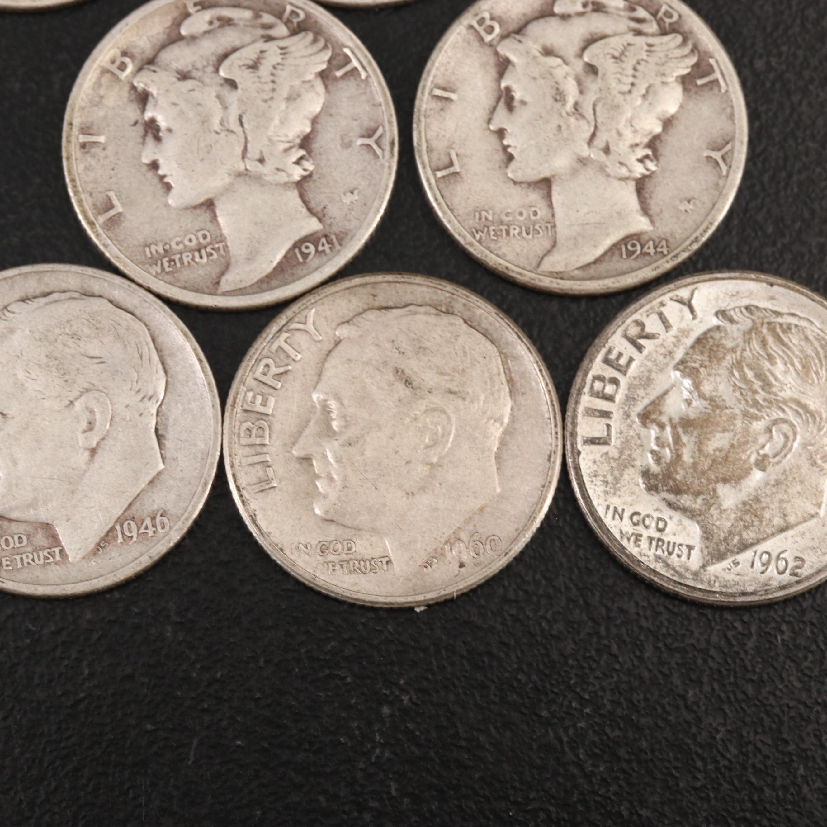 Collection of 46 U.S. 90% Silver Mercury and Roosevelt Dimes