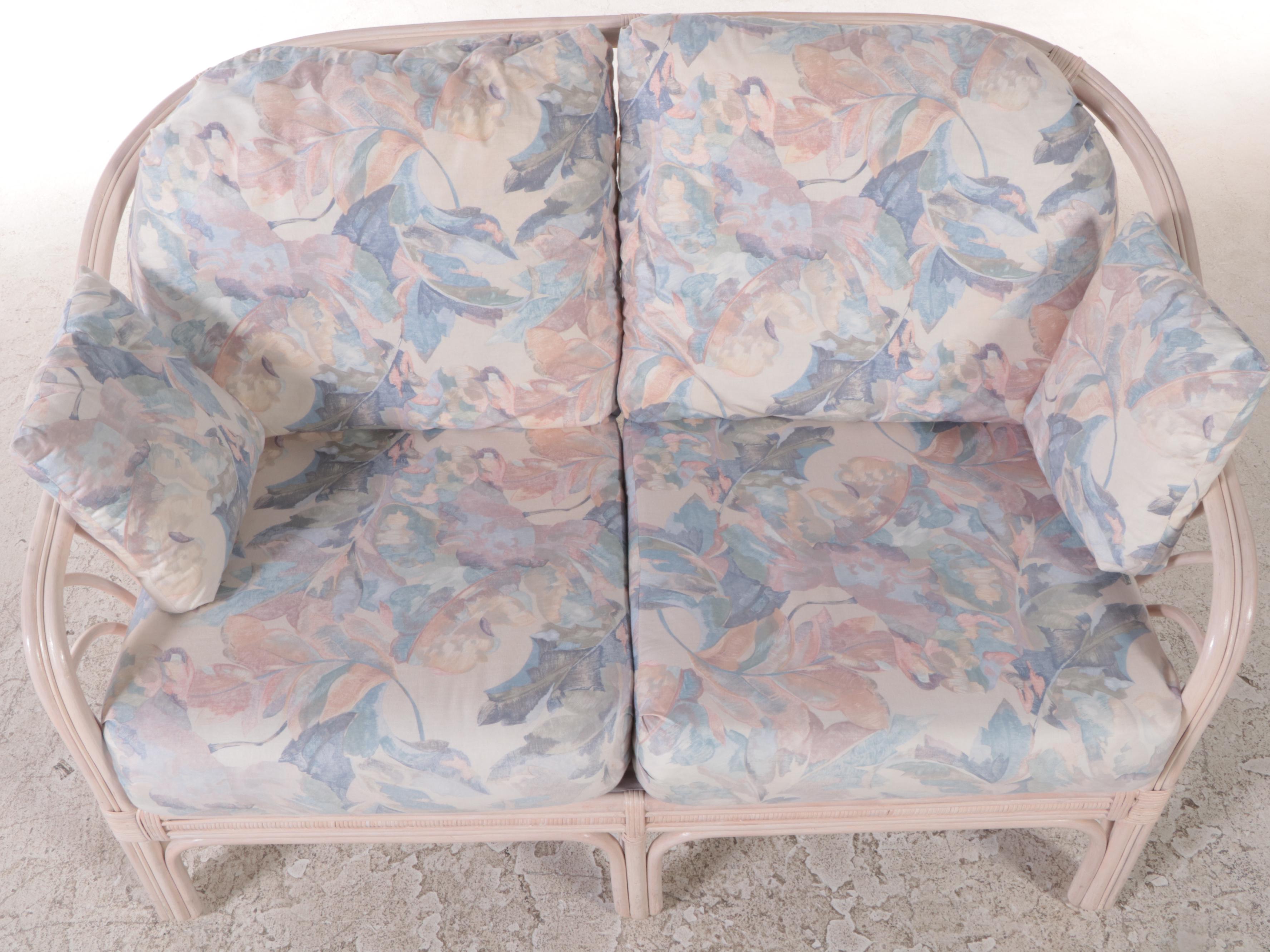 Ayers Furniture Cerused Rattan Patio Loveseat and Footstool