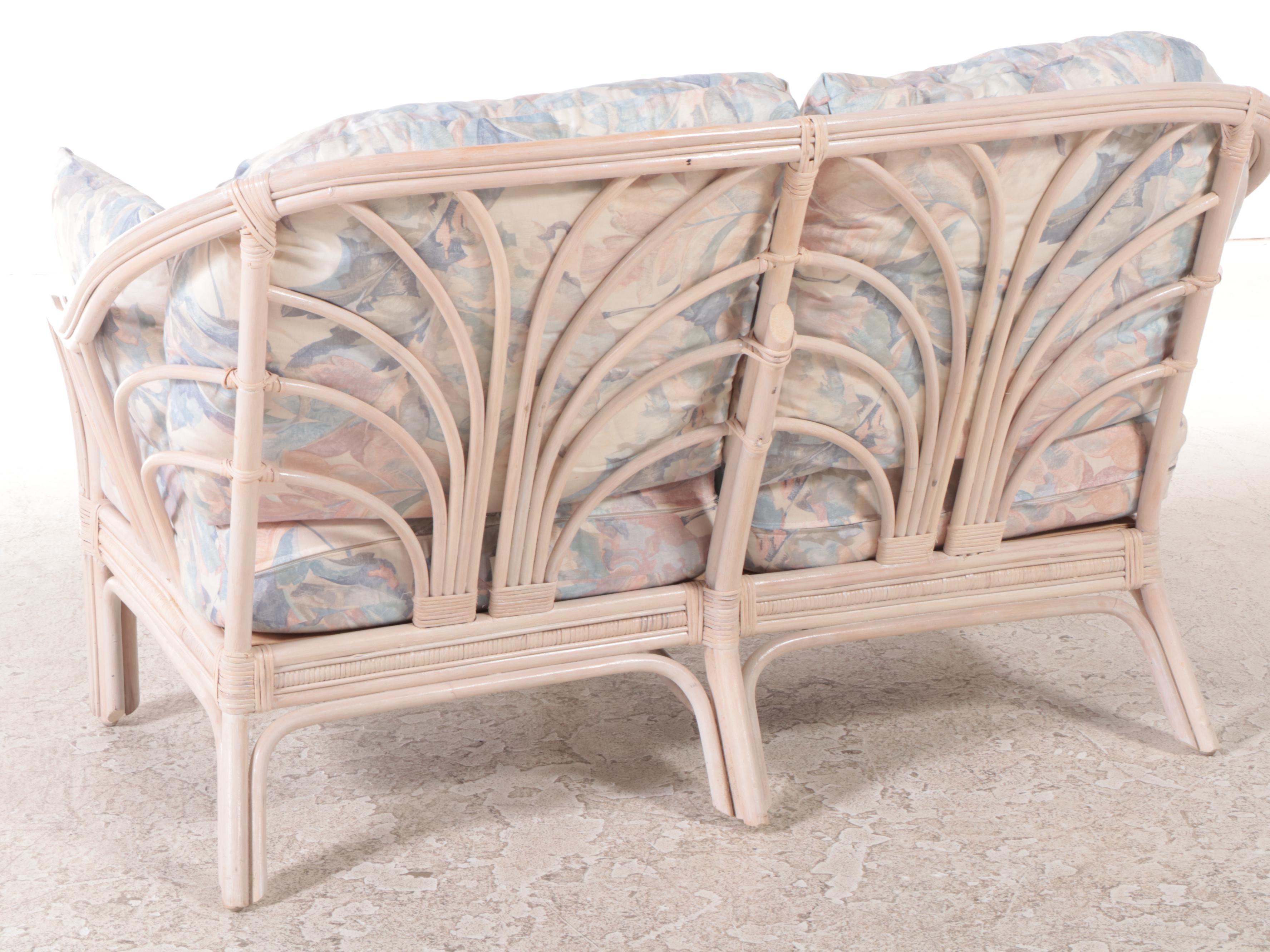 Ayers Furniture Cerused Rattan Patio Loveseat and Footstool