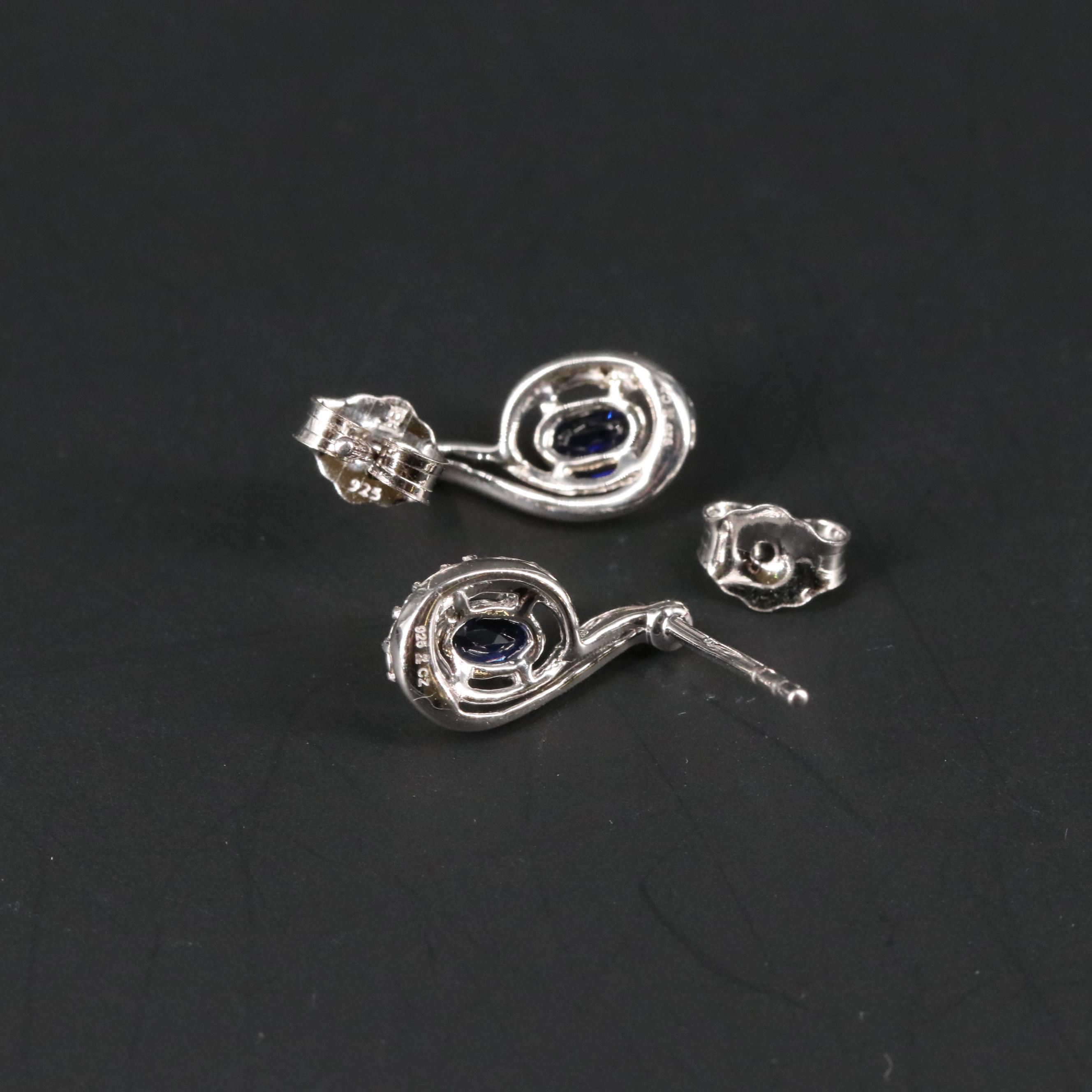 Sterling Silver Sapphire and Cubic Zirconia Drop Earrings