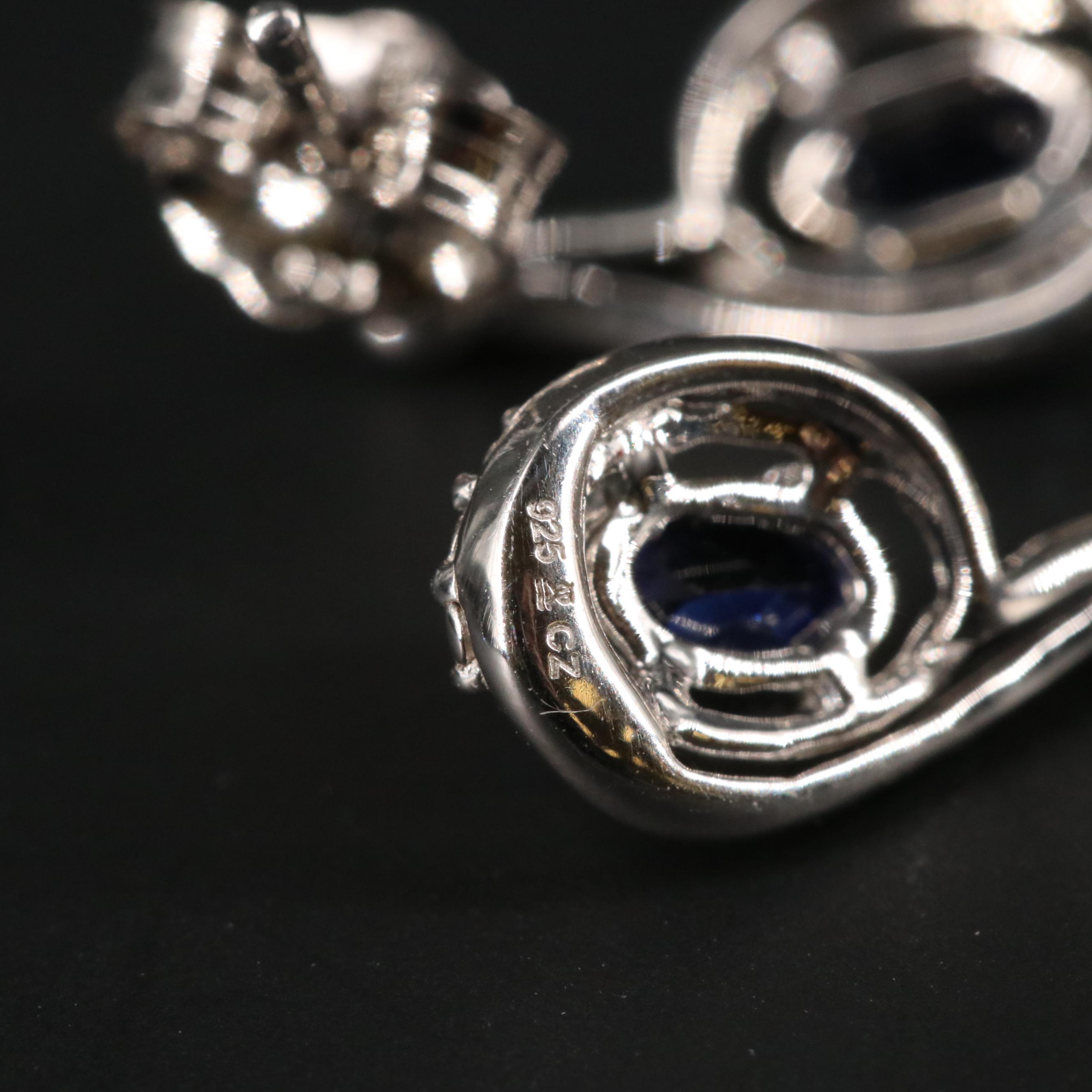 Sterling Silver Sapphire and Cubic Zirconia Drop Earrings