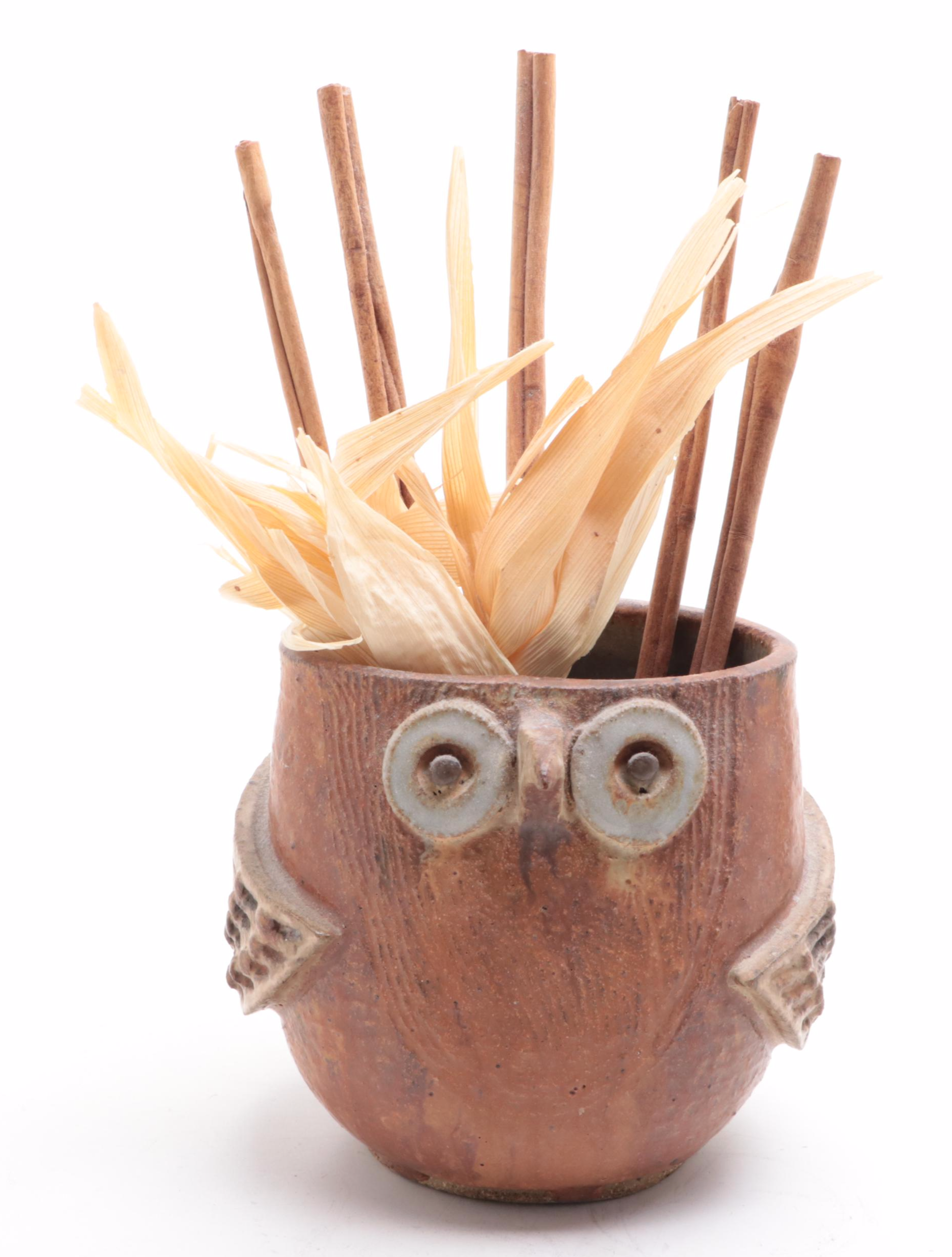 John M. Nartker and Other Art Pottery Stoneware Owl Vase and Chime