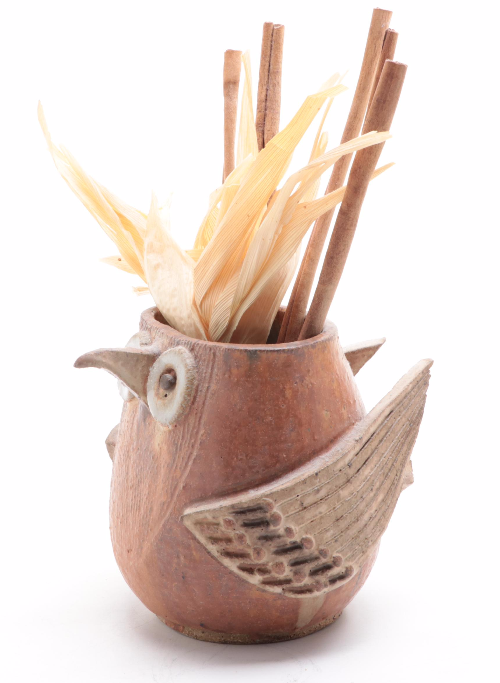 John M. Nartker and Other Art Pottery Stoneware Owl Vase and Chime