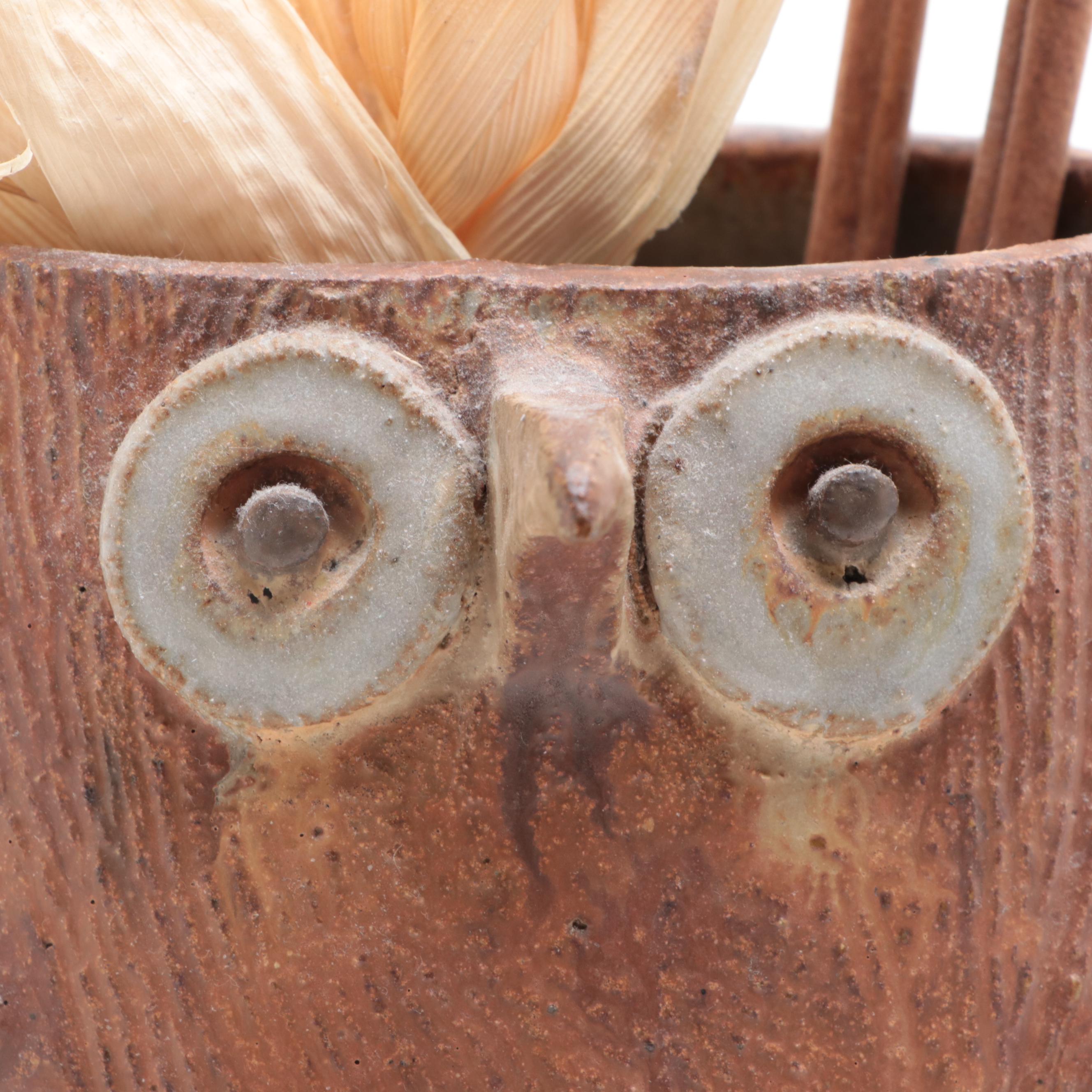 John M. Nartker and Other Art Pottery Stoneware Owl Vase and Chime
