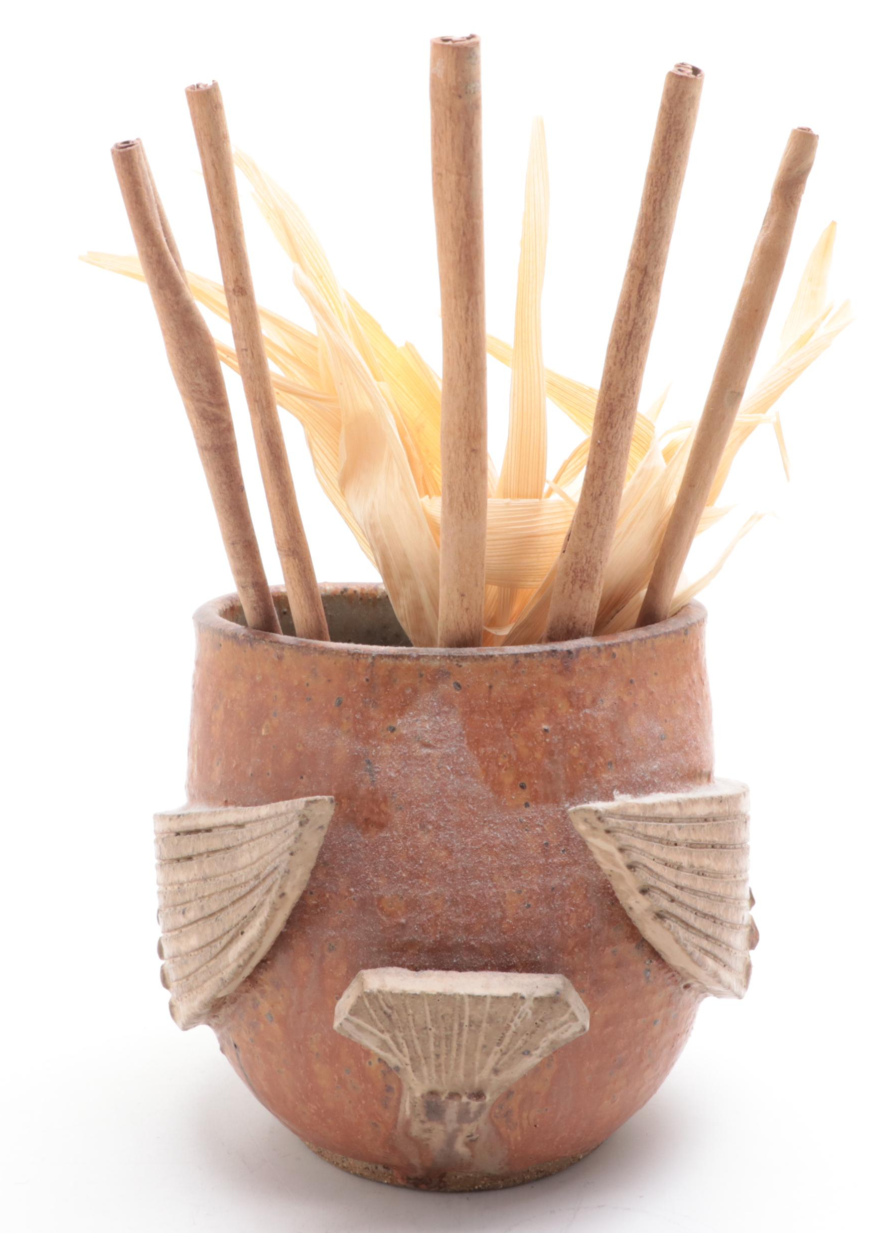 John M. Nartker and Other Art Pottery Stoneware Owl Vase and Chime